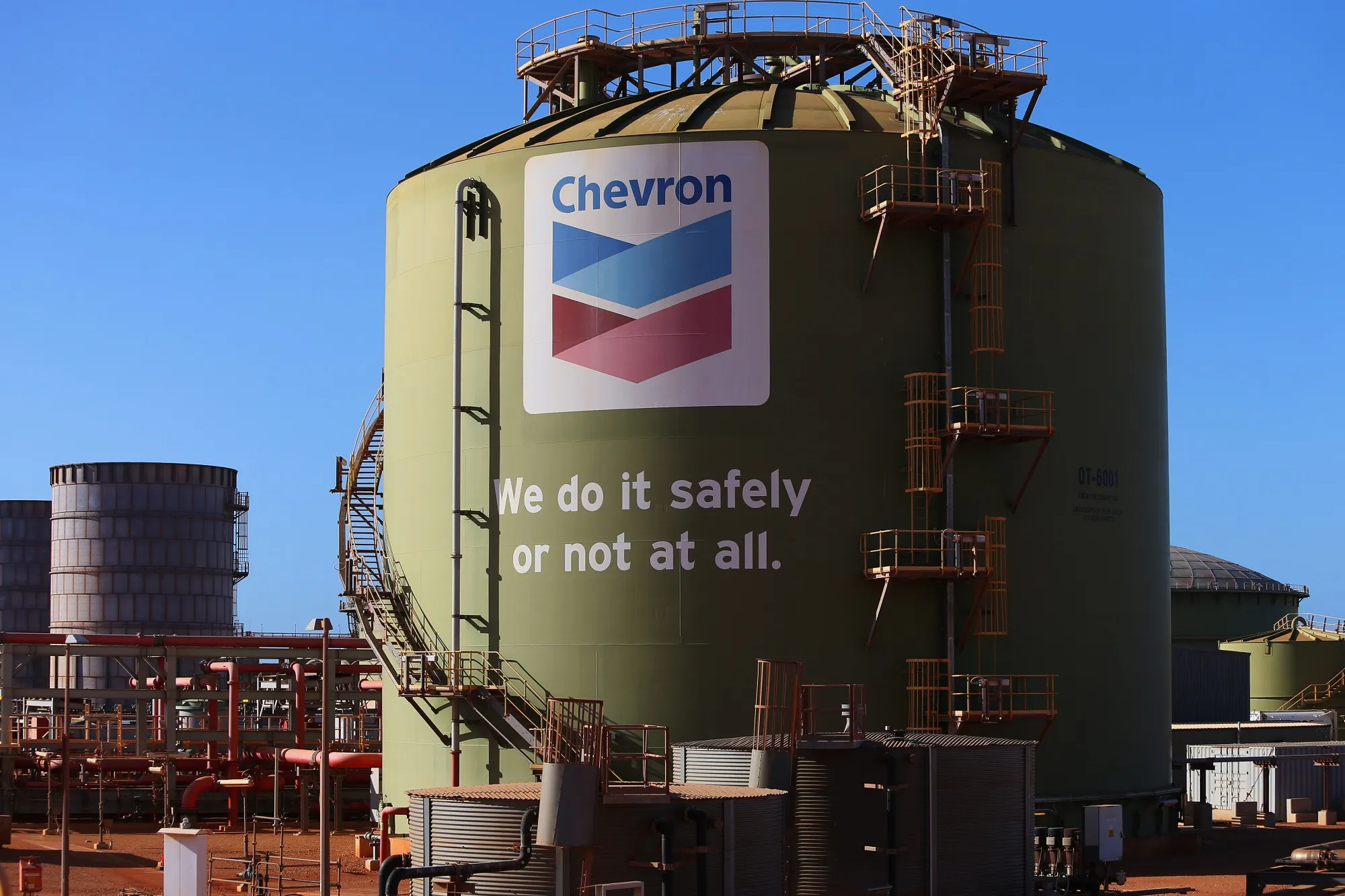A fire water tank at the Gorgon liquefied natural gas and carbon capture and storage facility, operated by Chevron Corp., on Barrow Island, Australia.