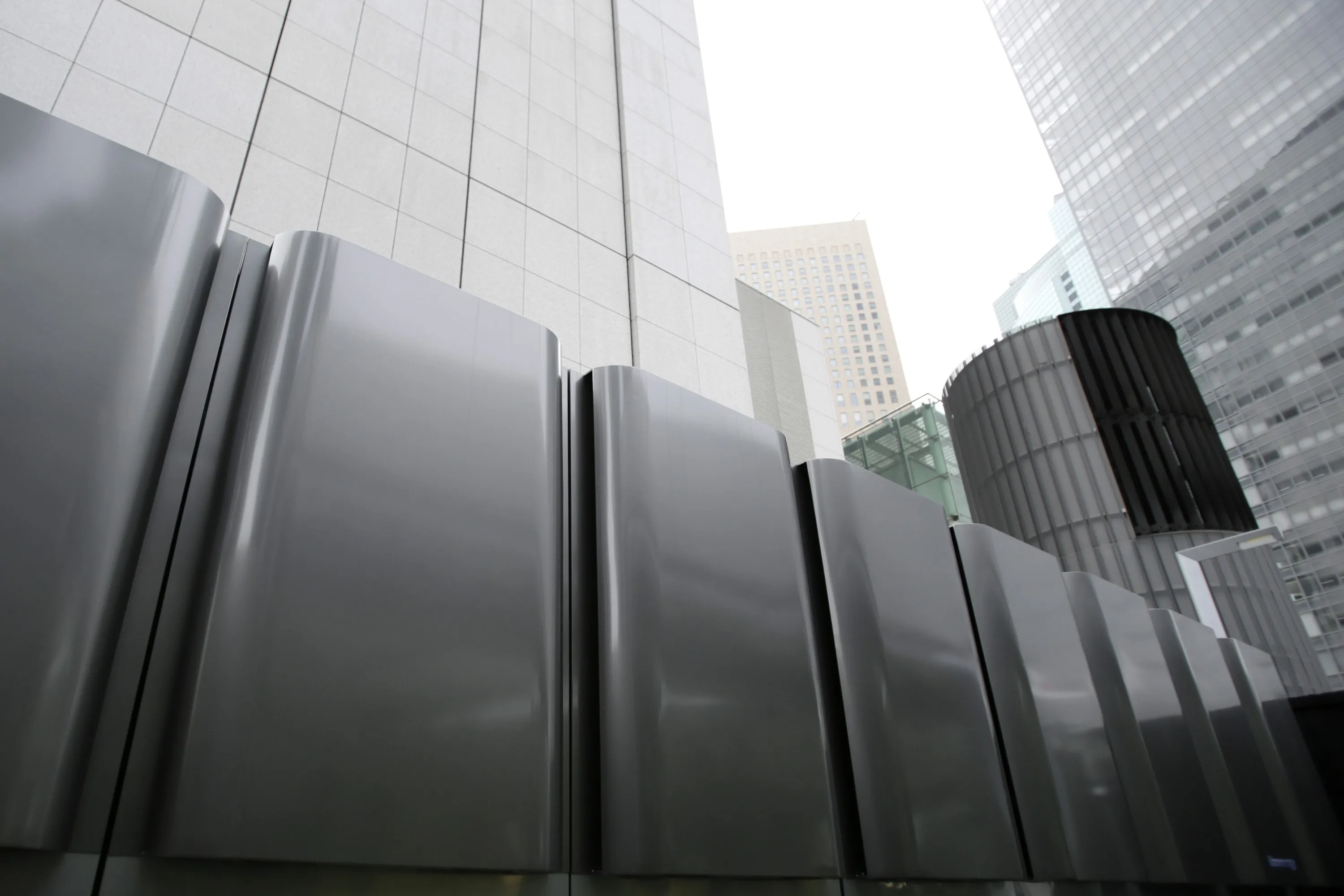 The Bloom Energy Server, a solid oxide fuel cell electricity generation system manufactured by Bloom Energy Corp., stands outside the Tokyo Shiodome Building.