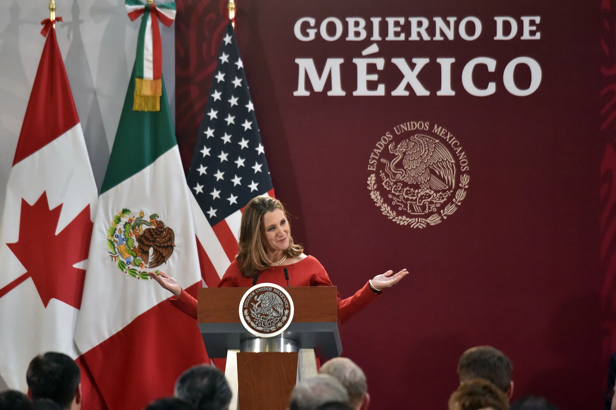 Chrystia Freeland speaks during a meeting with Mexican President Andres Manuel Lopez Obrador and United States Trade Representative Robert Lighthizer, not pictured,&nbsp;in Mexico City on Dec.&nbsp;10.&nbsp;