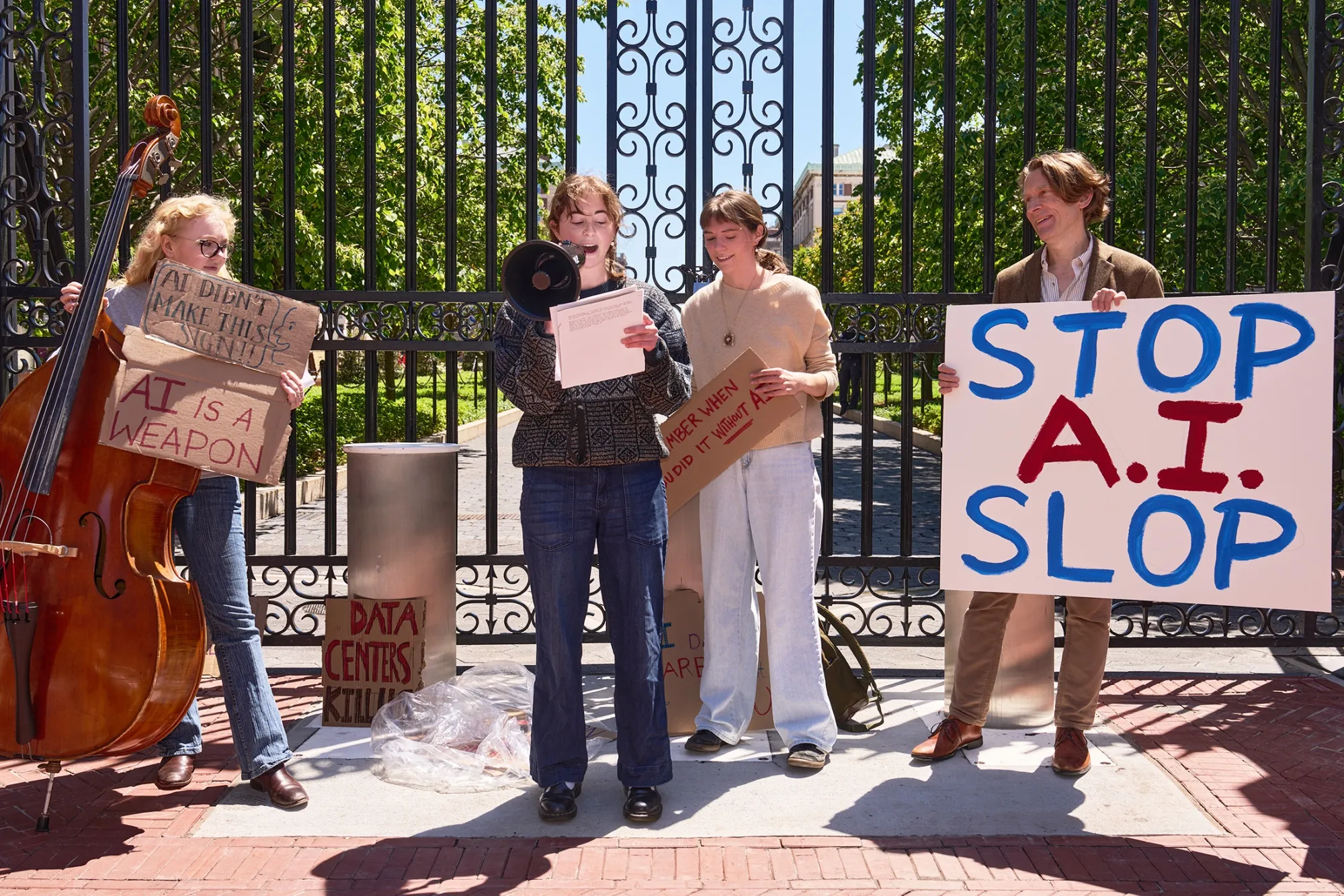 An anti-AI&nbsp;demonstration outside Columbia University on May 12.