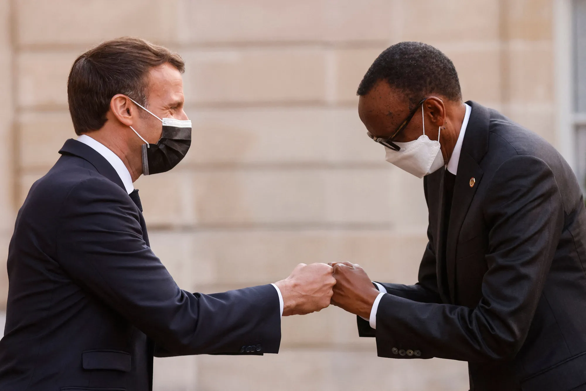 Emmanuel Macron welcomes Paul Kagame at the Elysee Palace in Paris, on May 17.