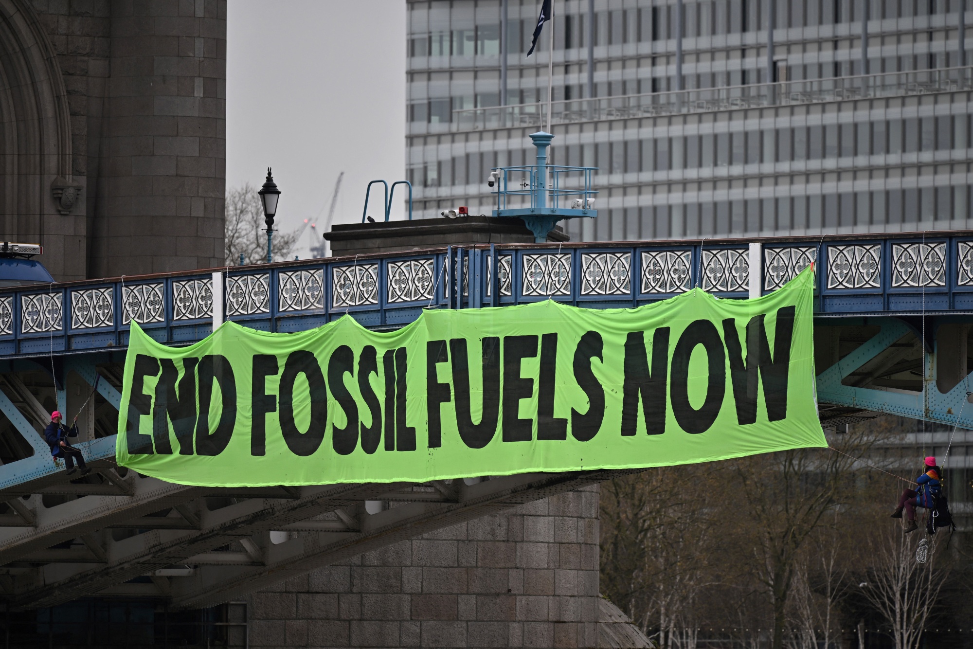 Climate activists from Extinction Rebellion&nbsp;on Tower Brigde, in London.