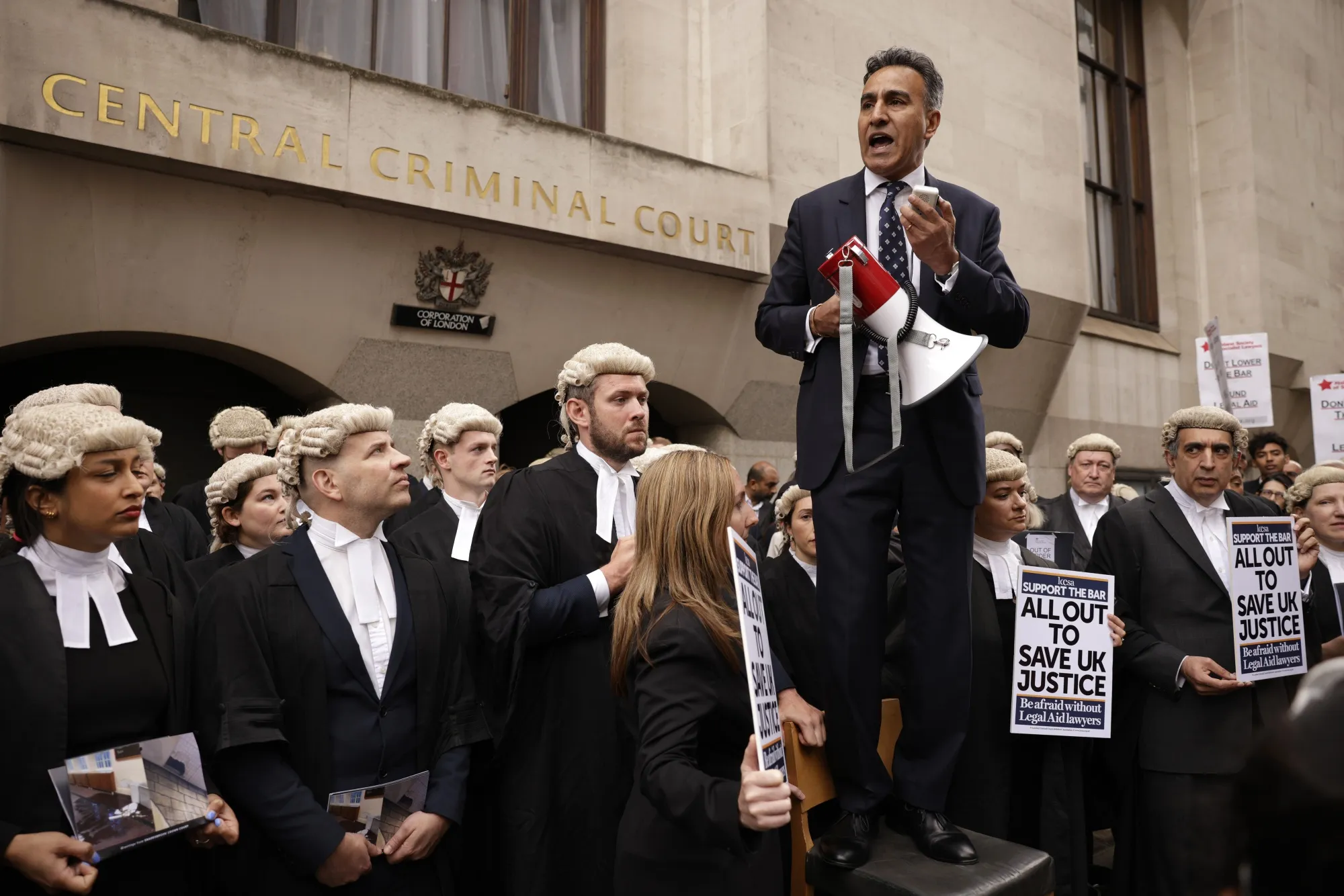 Jo Sidhu, barrister, speaks during a protest by criminal lawyers outside the Old Bailey law courts in central London, UK, on Monday, June 27, 2022.&nbsp;