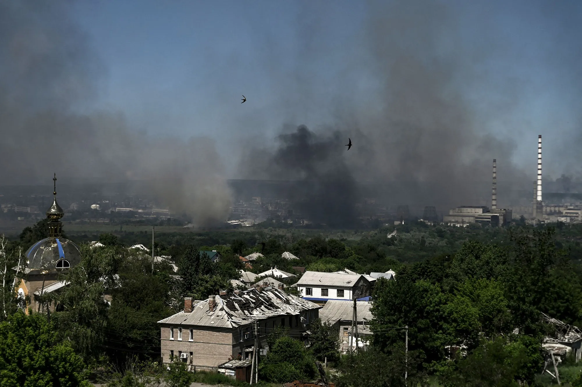 Smoke rises from the nearby city of Severodonetsk during battle between Russian and Ukrainian troops in the eastern Ukraine.&nbsp;