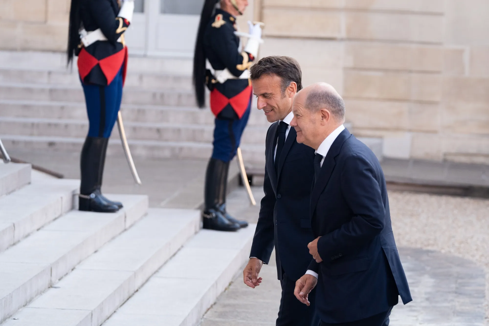 French&nbsp;President Emmanuel Macron, left, hosts German&nbsp;chancellor Olaf Scholz at the Elysee Palace&nbsp;in Paris, last June.