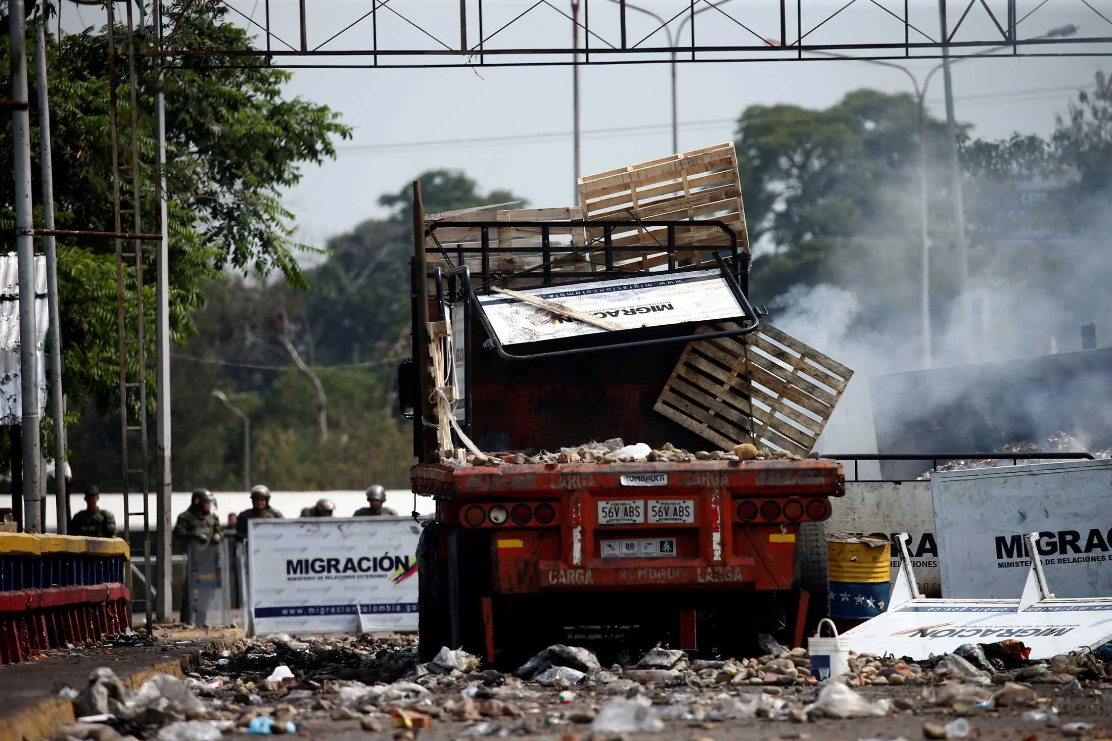 A burned-out aid truck at the Venezuela-Colombia border.