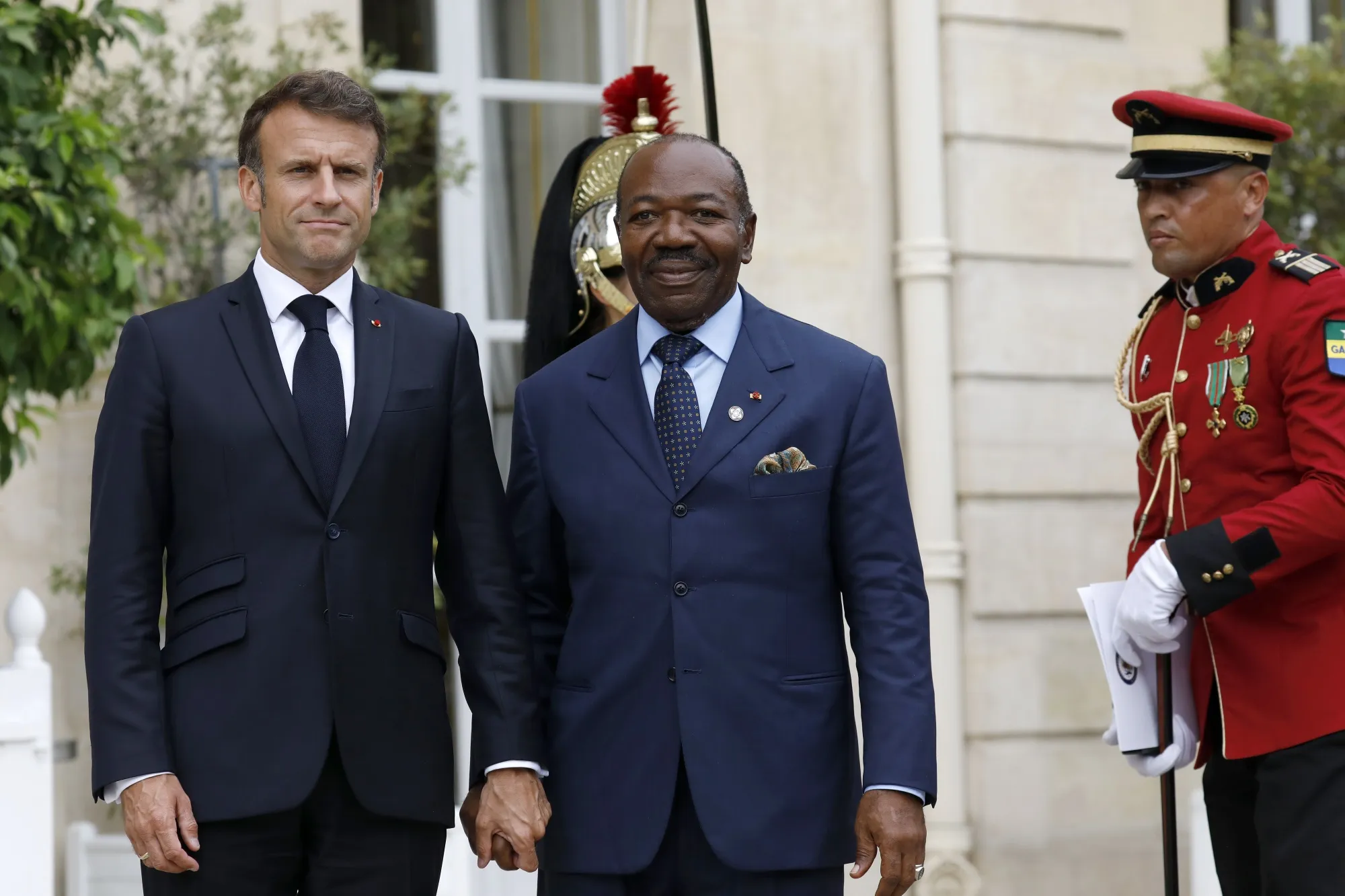 Emmanuel Macron and&nbsp;Gabon's Ali Bongo Odimba prior to their meeting at the Elysee Palace&nbsp;on June 22, 2023.