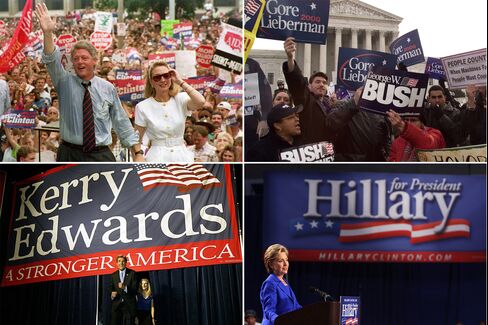Clockwise from top left, examples of the old-school political aesthetic: Former President Bill Clinton in front of his billowing flag logo in 1992; logos from the 2000 election; John Kerry’s 2004 logo; Hillary Clinton’s 2008 primary logo.