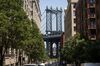 The Manhattan Bridge is seen from the DUMBO neighborhood in the Brooklyn, New York.