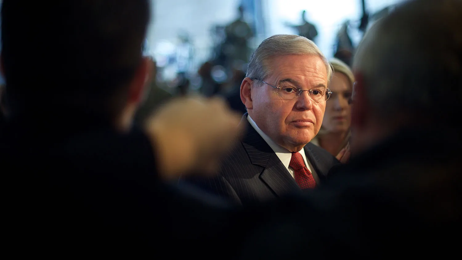 U.S. Sen. Senator Robert Menendez addresses the media in advance of an event with U.S. President Barack Obama December 15, 2014 at Joint Base McGuire-Dix-Lakehurst, New Jersey.
