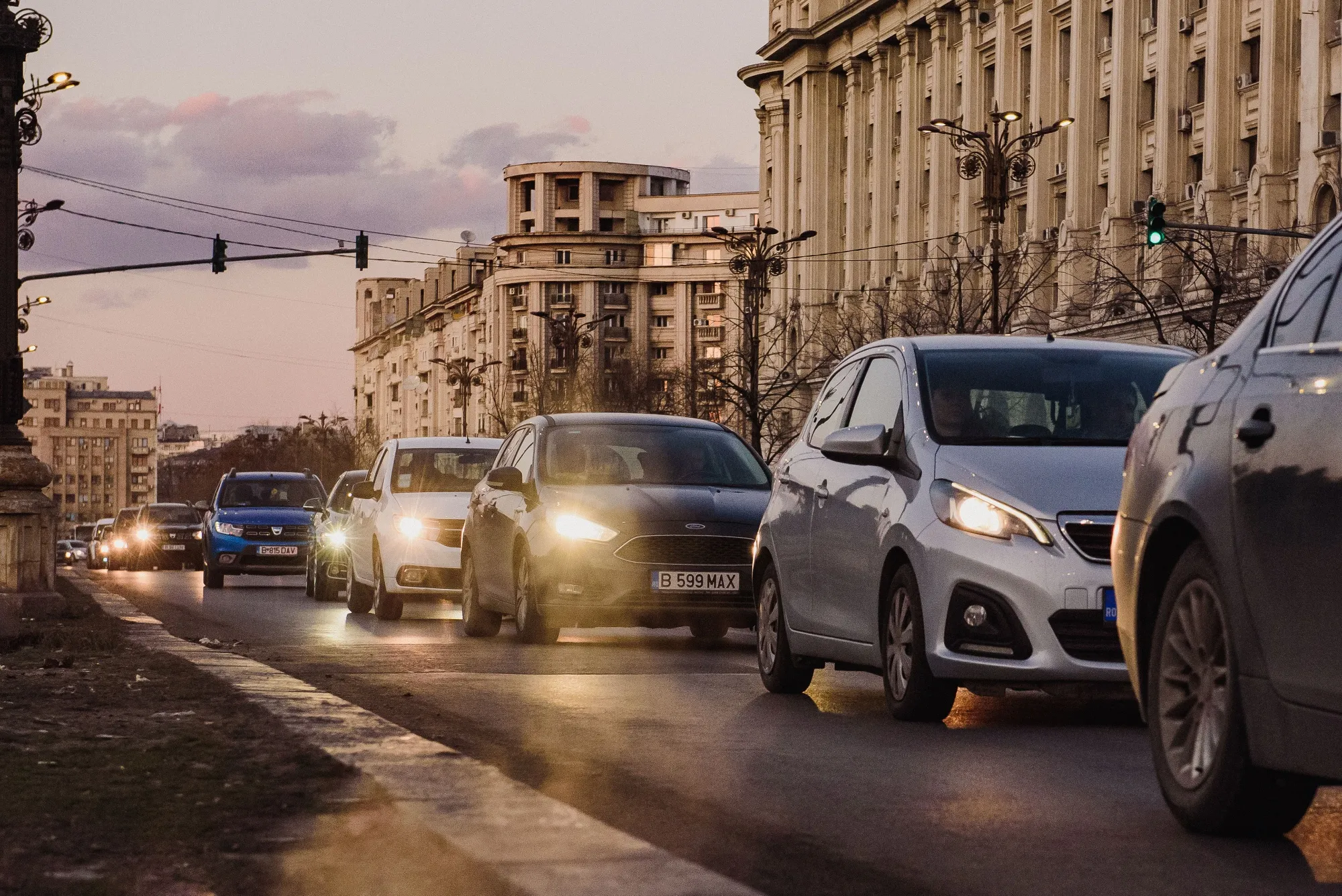 Traffic clogs up in central Bucharest, on Feb. 13.