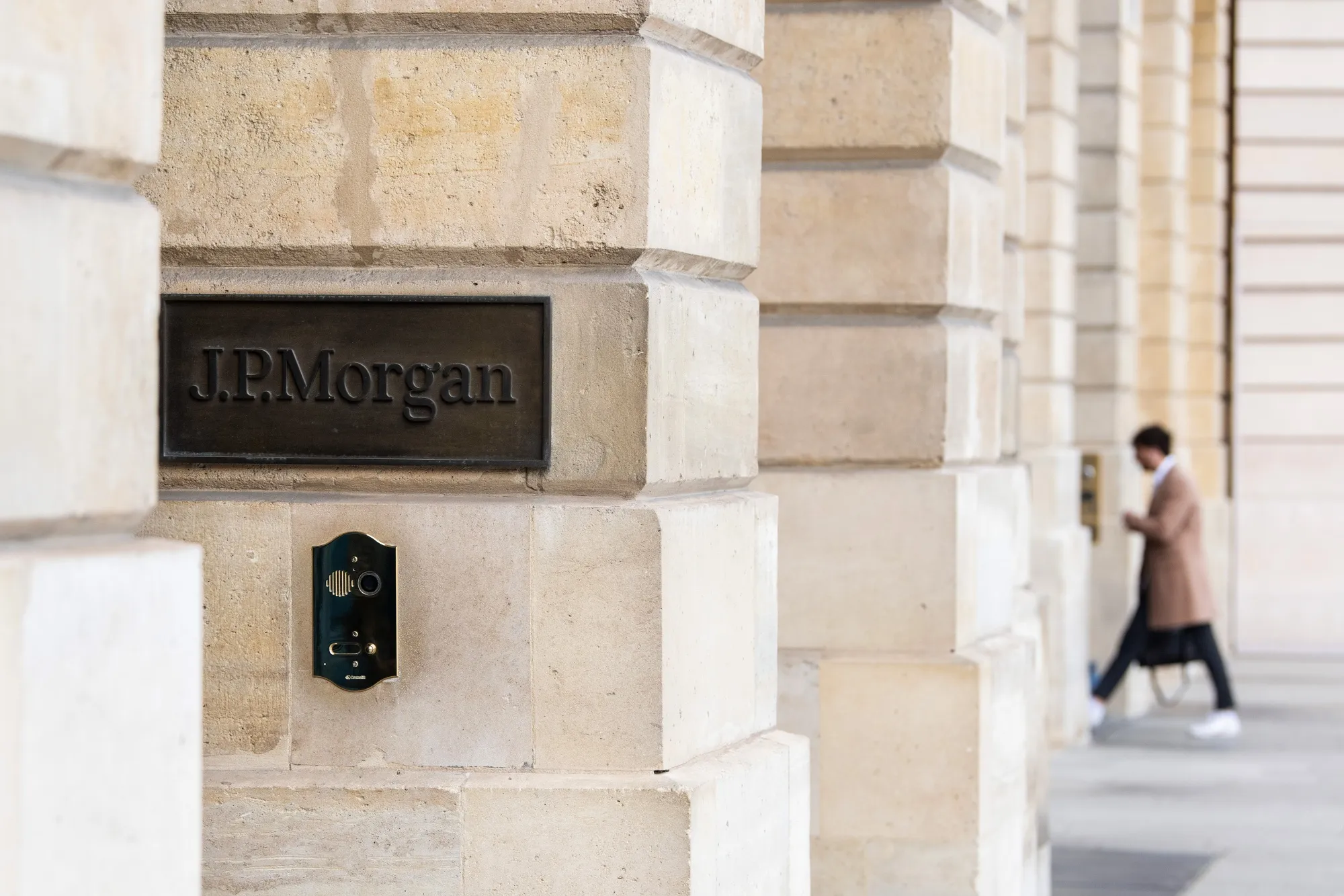 A plaque at the entrance of the JPMorgan Chase &amp; Co. European Union (EU) headquarters on Place Vendome in Paris, France.