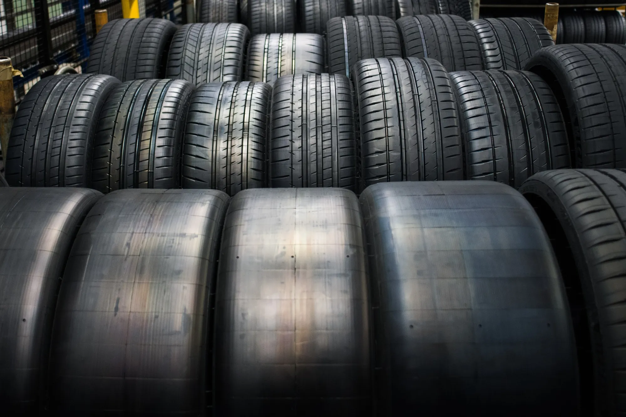 Rows of tires on the production line at the Michelin Gravanche manufacturing plant in Clermont Ferrand, France.