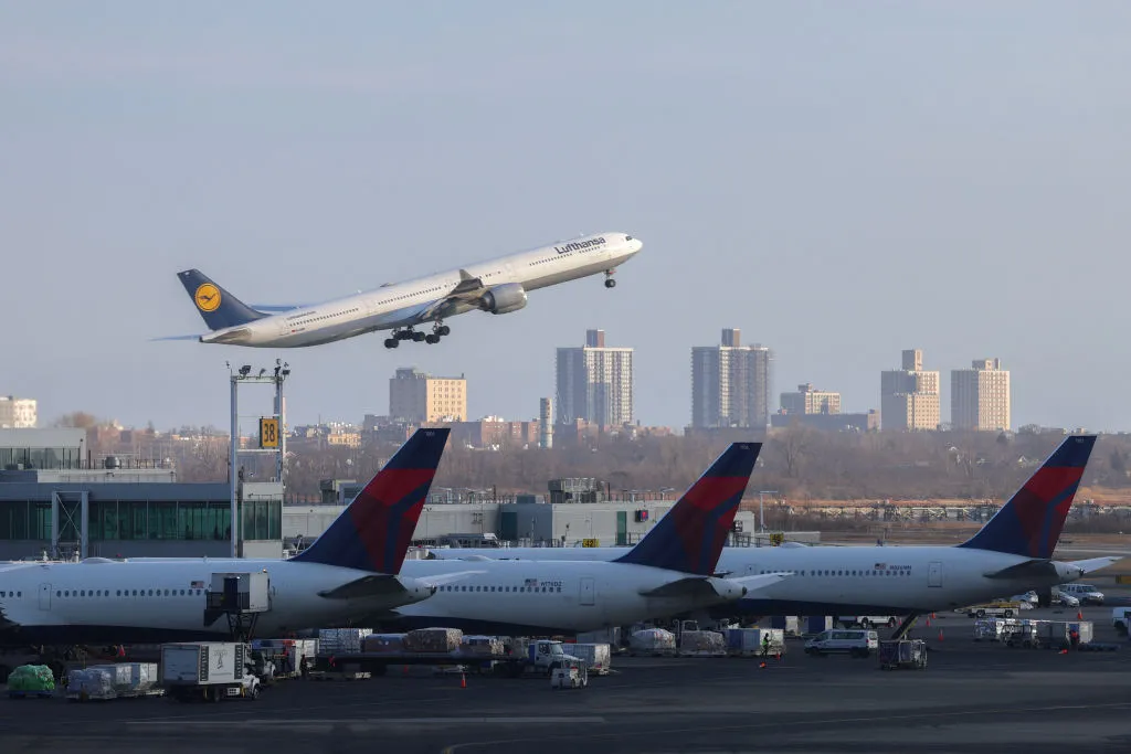 A Lufthansa Airlines passenger aircraft takes off from John F. Kennedy International Airport.