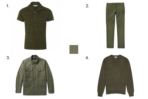 1. Orlebar Brown Terry polo in Army Acru, $150, orlebarbrown.com 2. Incotex slim-fit stretch-cotton corduroy trousers, $375, mrporter.com 3. Rag & Bone cotton-canvas field jacket, $575, mrporter.com 4. Reiss Emporer merino v-neck sweater, $145, reiss.com.