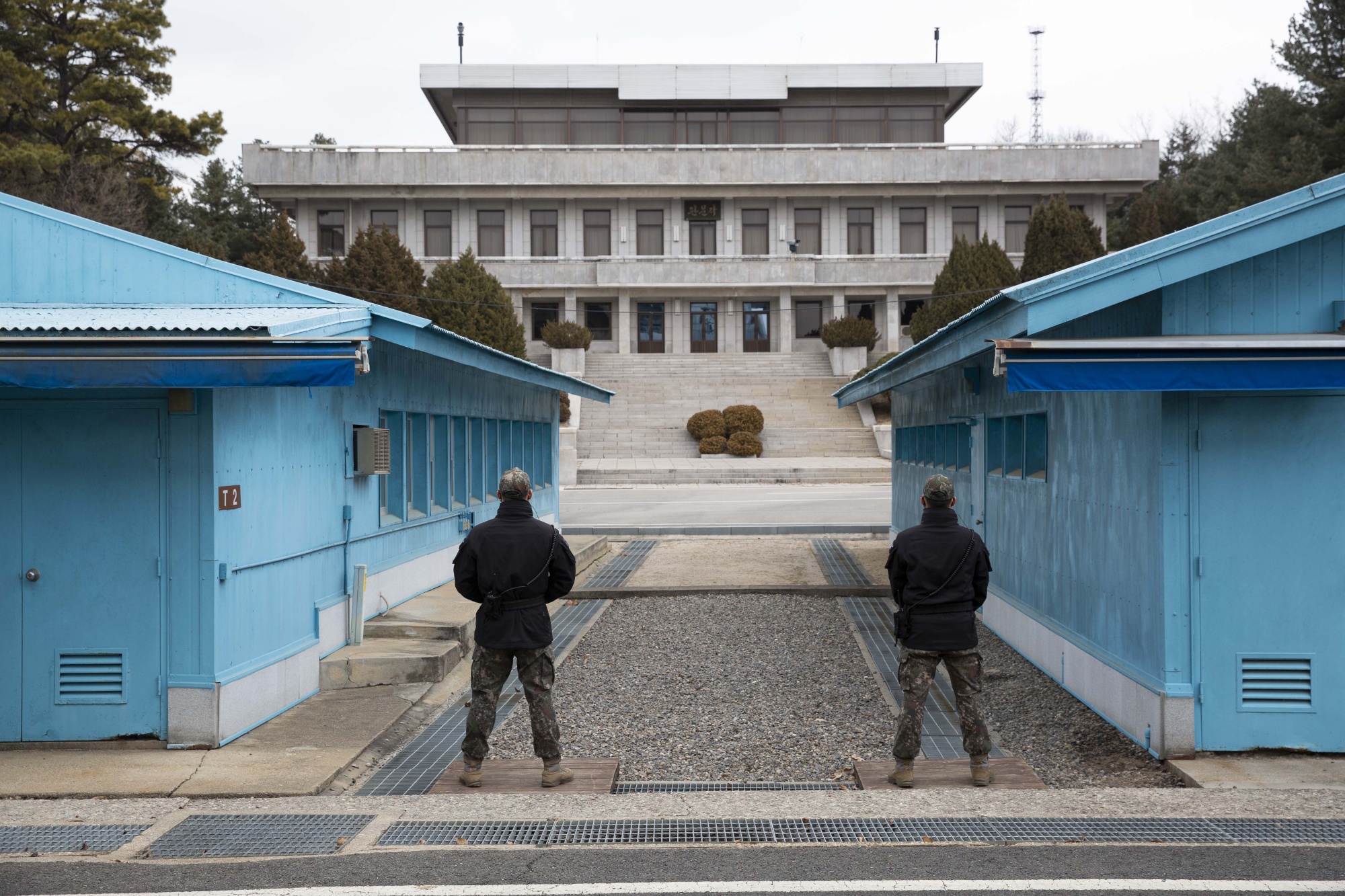 South Korean soldiers stand guard in the truce village of Panmunjom inside the demilitarized zone separating South and North Korea.