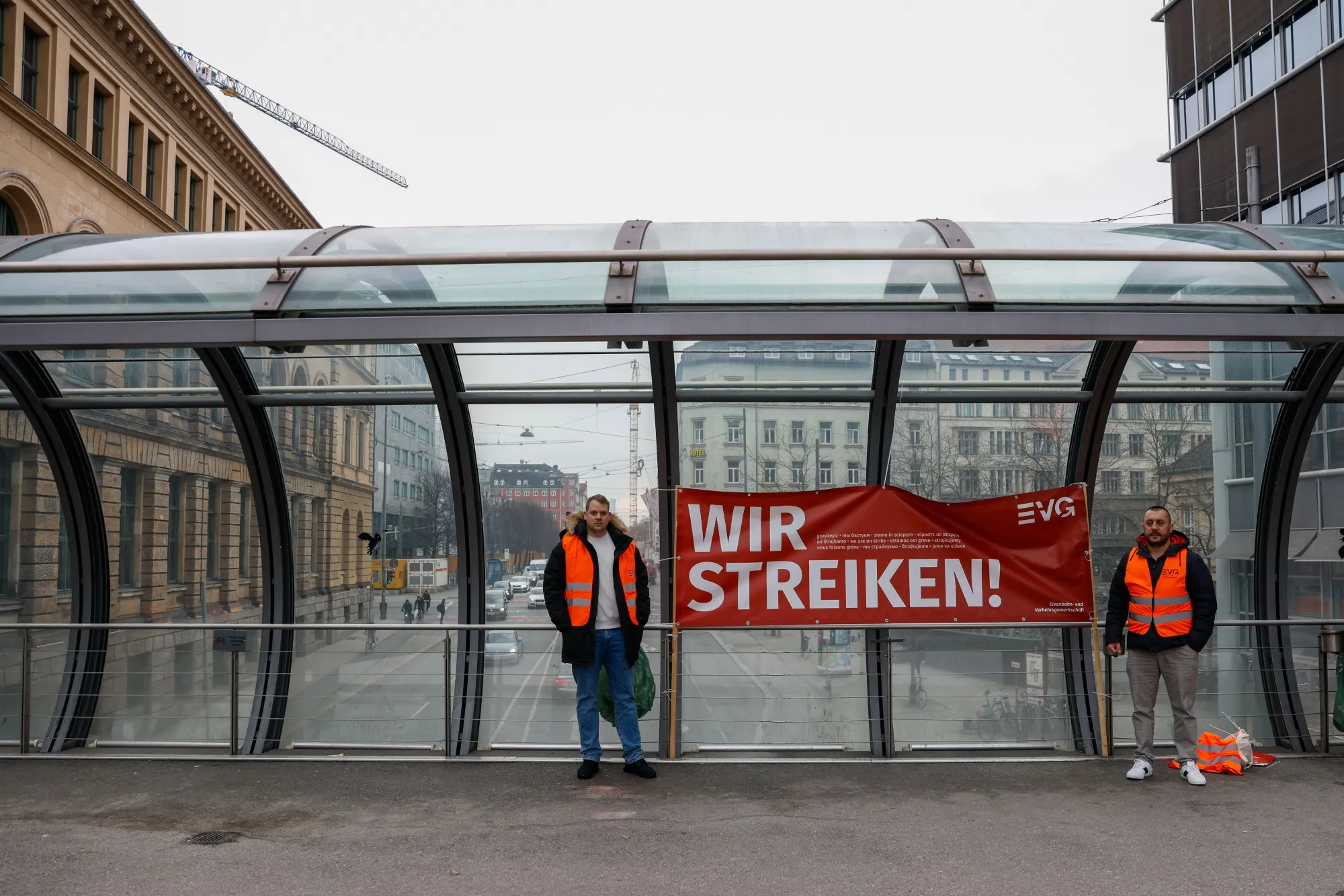 Railway workers on a picket line near the main railway station during a strike in Munich, Germany, on&nbsp;April 21.