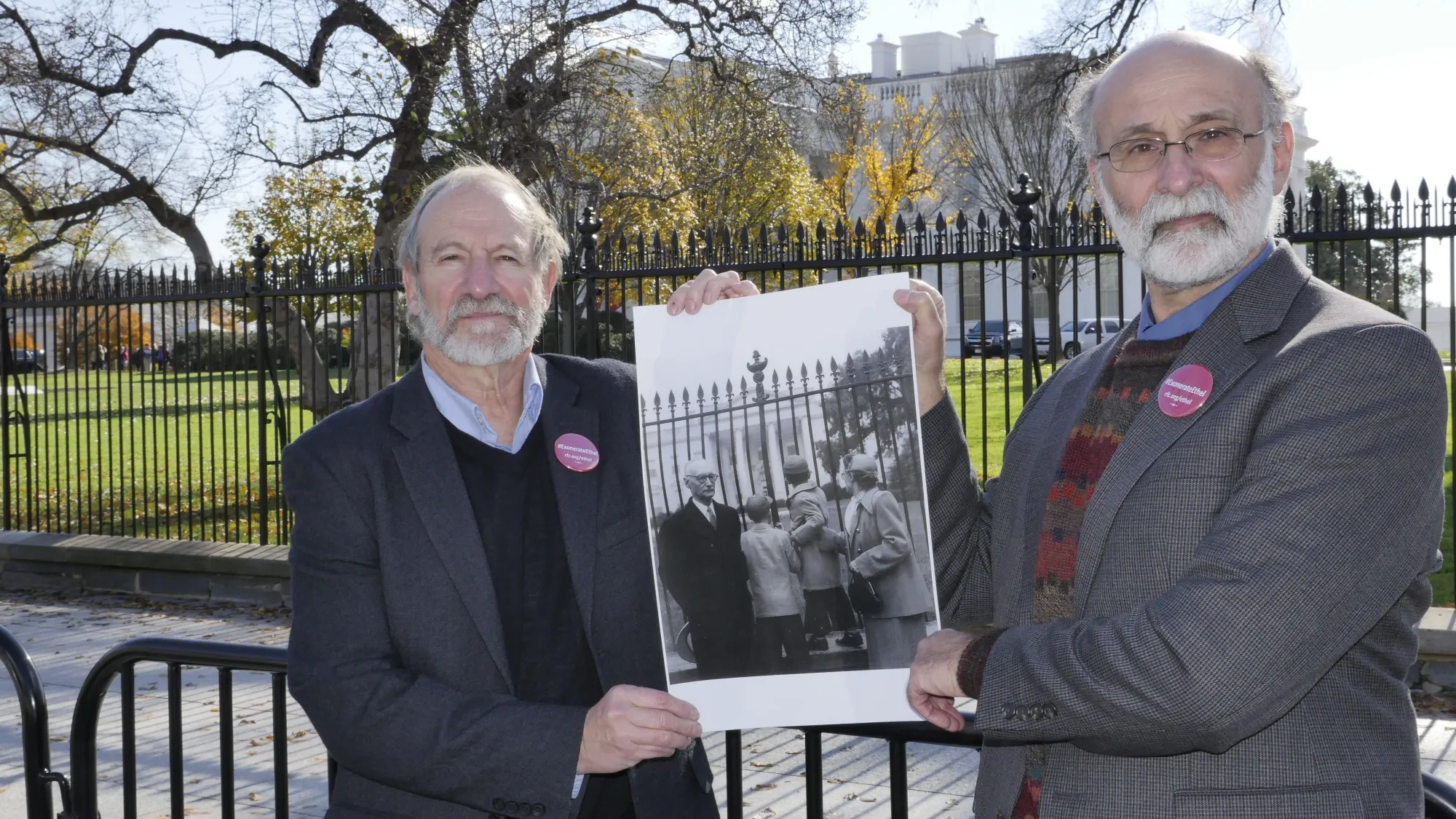 Brothers Michael Meeropol and Robert&nbsp;Meeropol, the children of convicted Soviet spies Julius and Ethel Rosenberg, outside of the White House in December 2016.