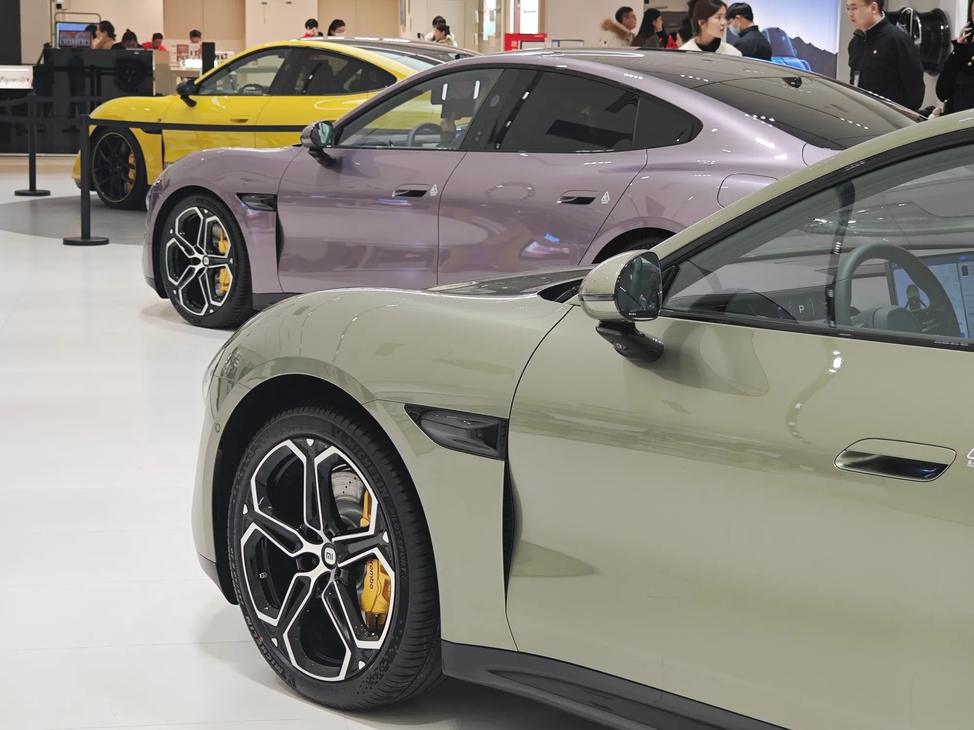 Xiaomi SU7 Ultra luxury electric sedans at a Xiaomi store in Zhengzhou, China.
