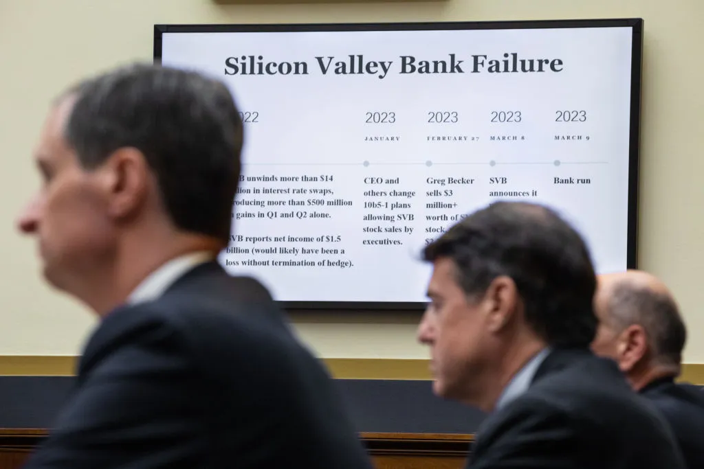 A timeline depicting the failure of Silicon Valley Bank displayed during a House Financial Services Committee hearing on&nbsp;&nbsp;May 17, 2023.&nbsp;&nbsp;