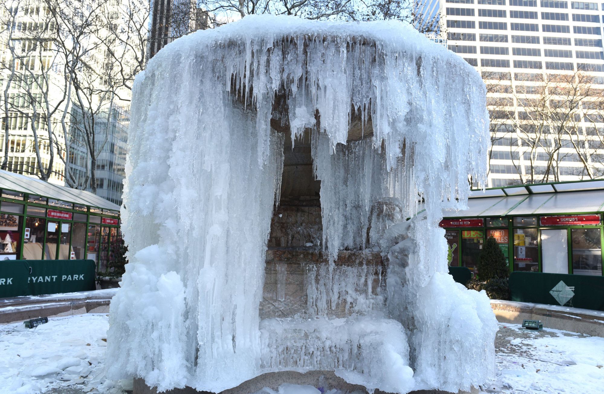The frozen Josephine Shaw Lowell Memorial Fountain in Bryant Park in New York. Photographer: Timothy A. Clary/AFP via Getty Images