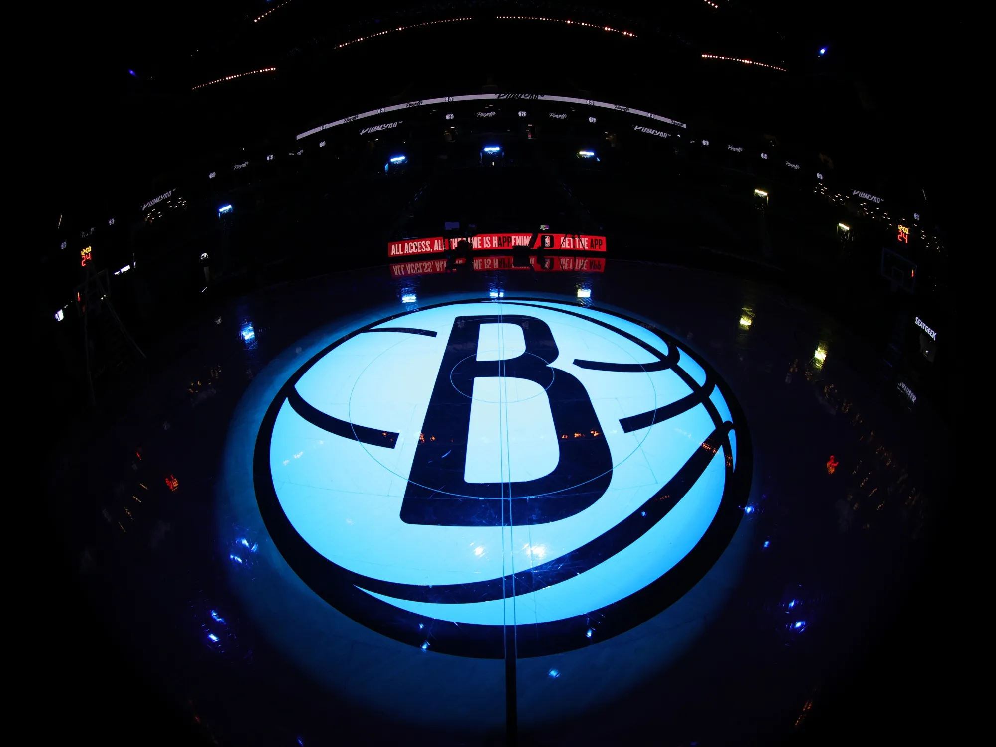 The Brooklyn Nets logo on the court&nbsp;at Barclays Center in Brooklyn, New York.&nbsp;