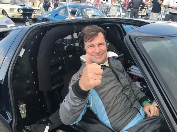 Farley behind the wheel of his vintage GT40 at Le Mans.