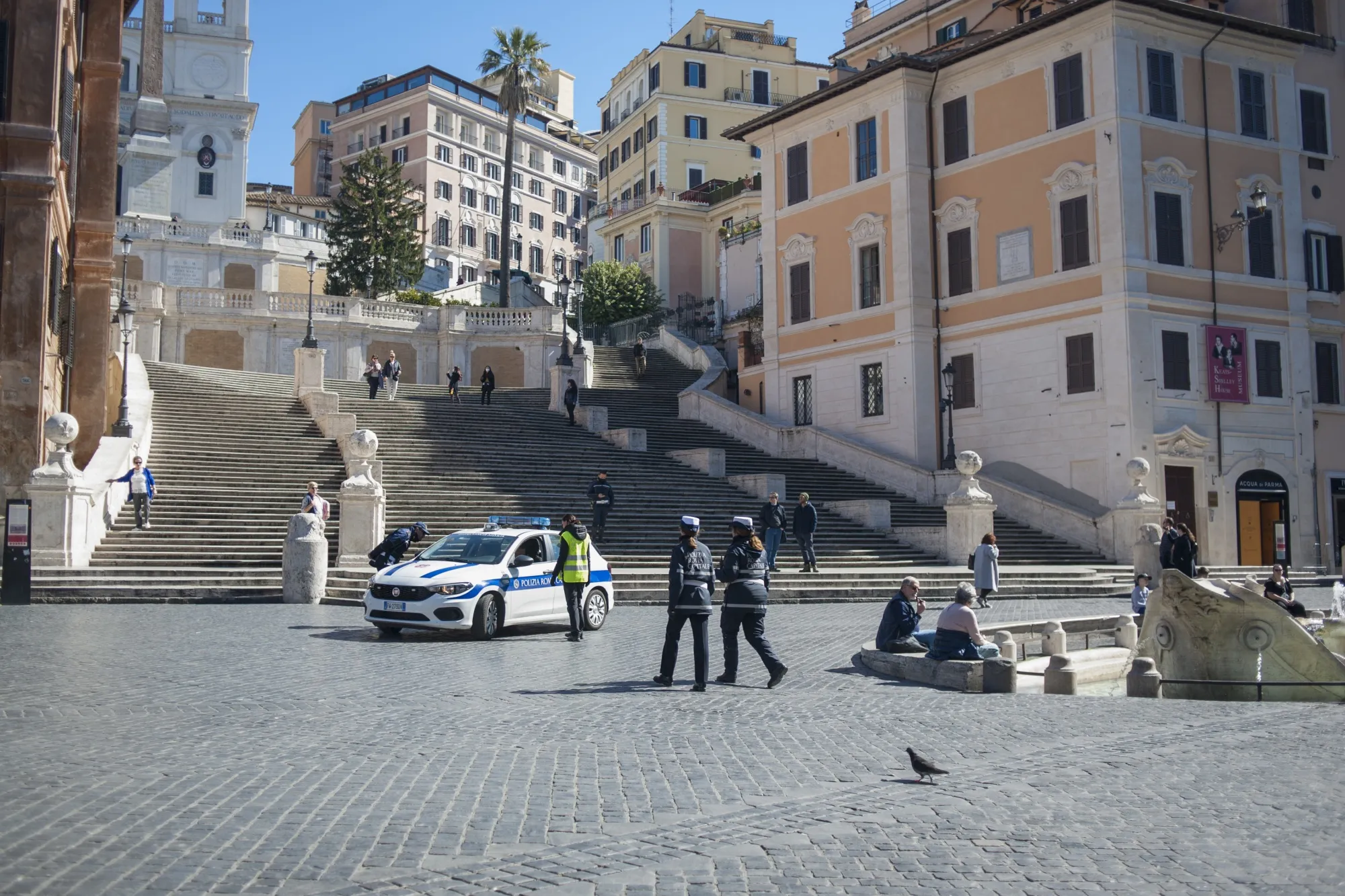 A police car sits at the bottom of the Spanish Steps in Rome on March 11.