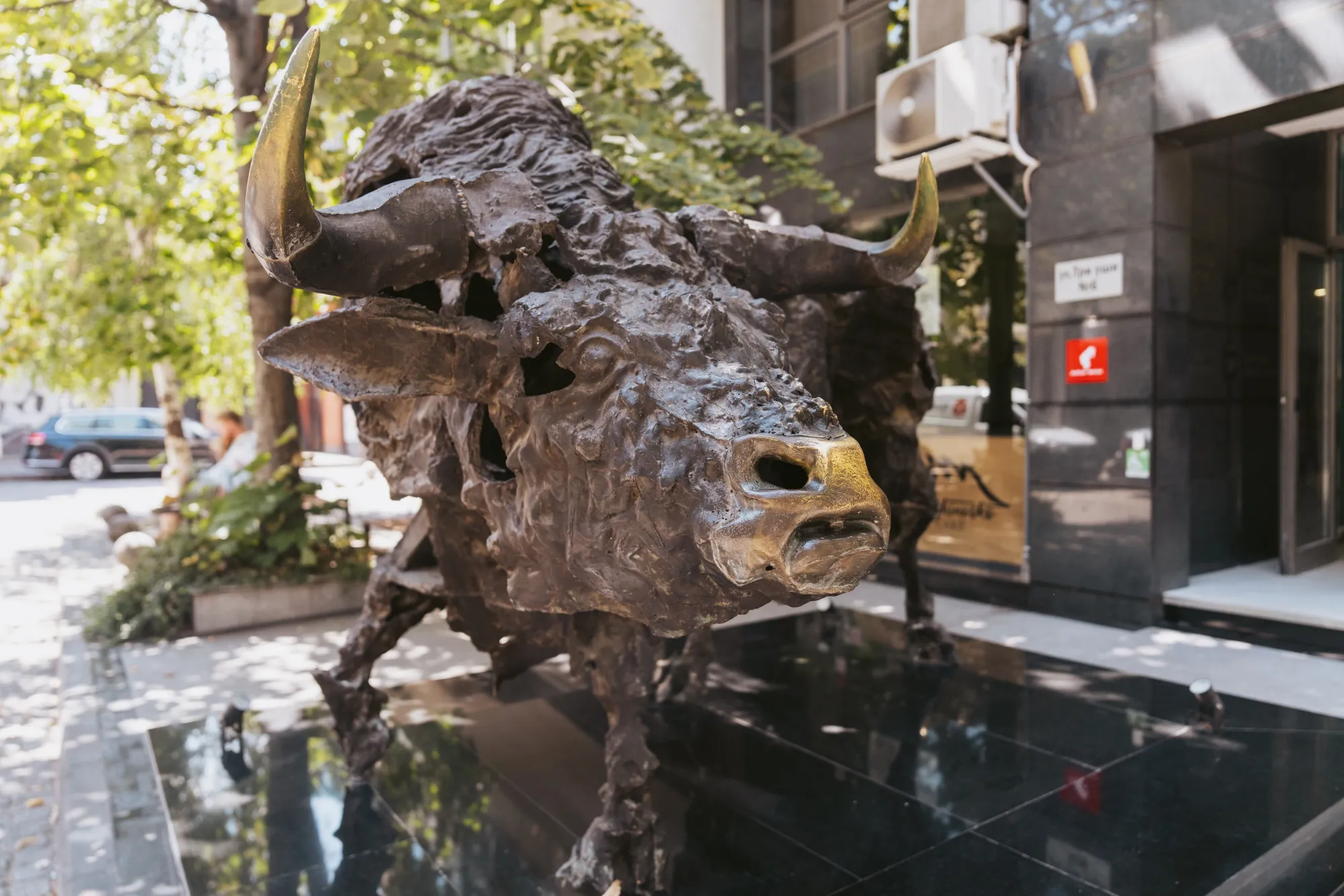 A bull statue outside the Bulgarian stock exchange in Sofia.