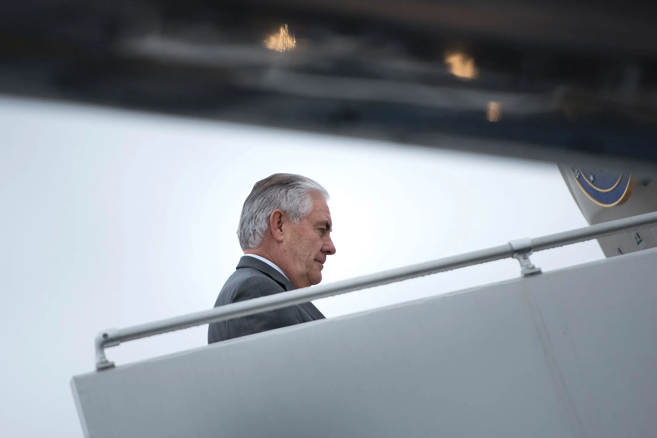 Tillerson boards his plane in Germany after the G-20 in February.
