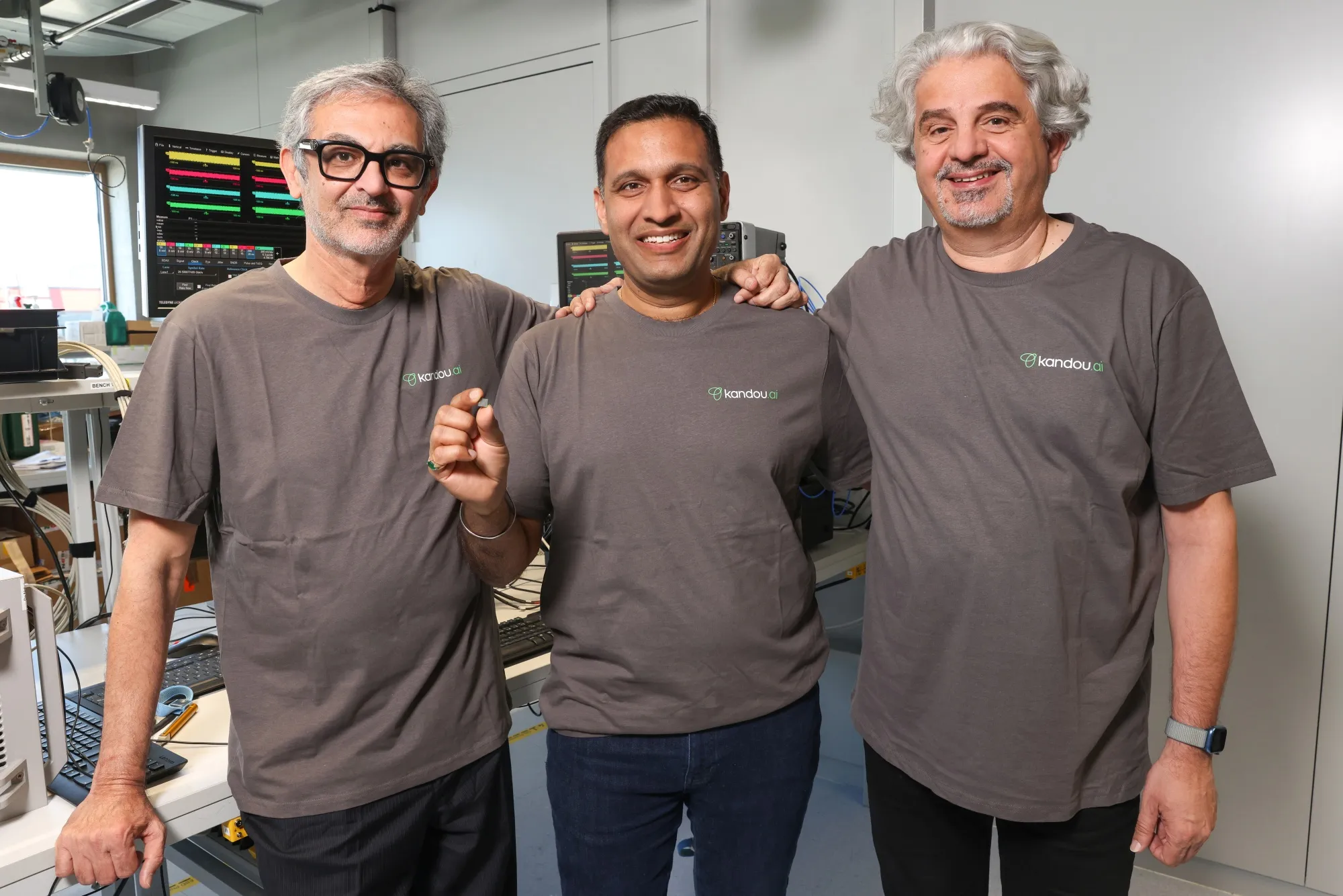 Taher Madraswala, from left, Srujan Linga, and Amin Shokrollahi.