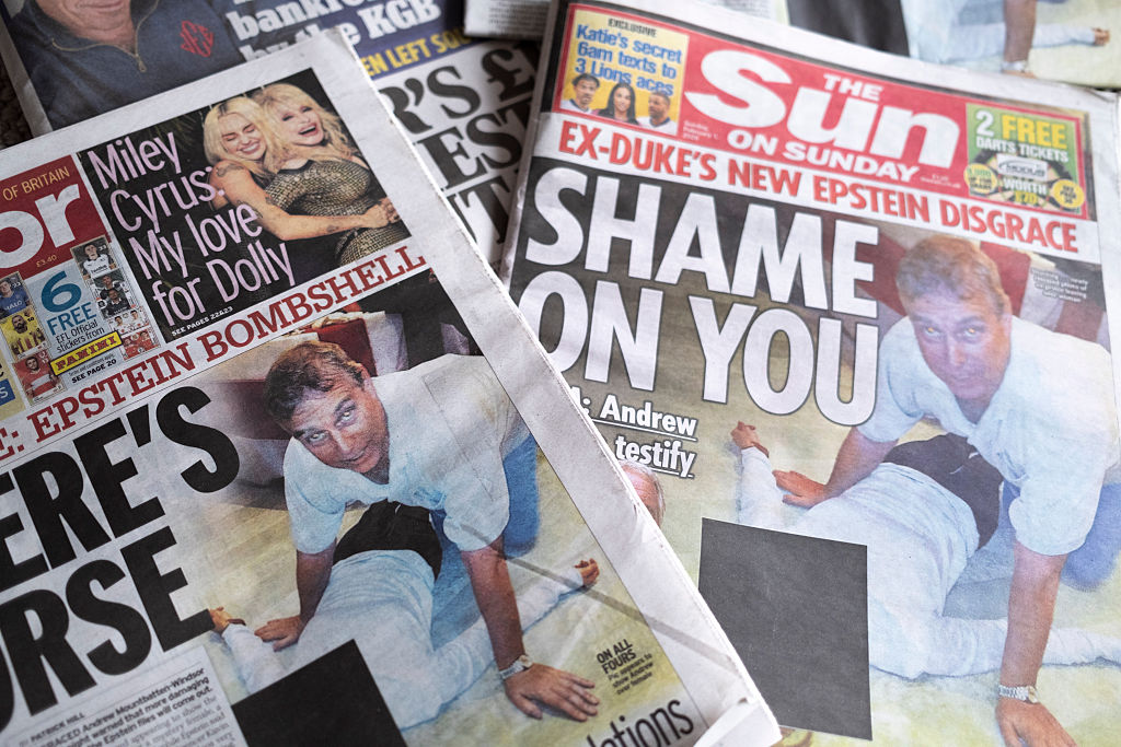 LONDON, ENGLAND - FEBRUARY 05: In this photo illustration, the front page of The Sun on Sunday newspaper with an image of Andrew Mountbatten-Windsor is seen on February 05, 2026 in London, England. Three million new documents were released by the United States Department of Justice under the Epstein Files Transparency Act. (Photo by Ming Yeung/Getty Images) Photographer: Ming Yeung/Getty Images Europe