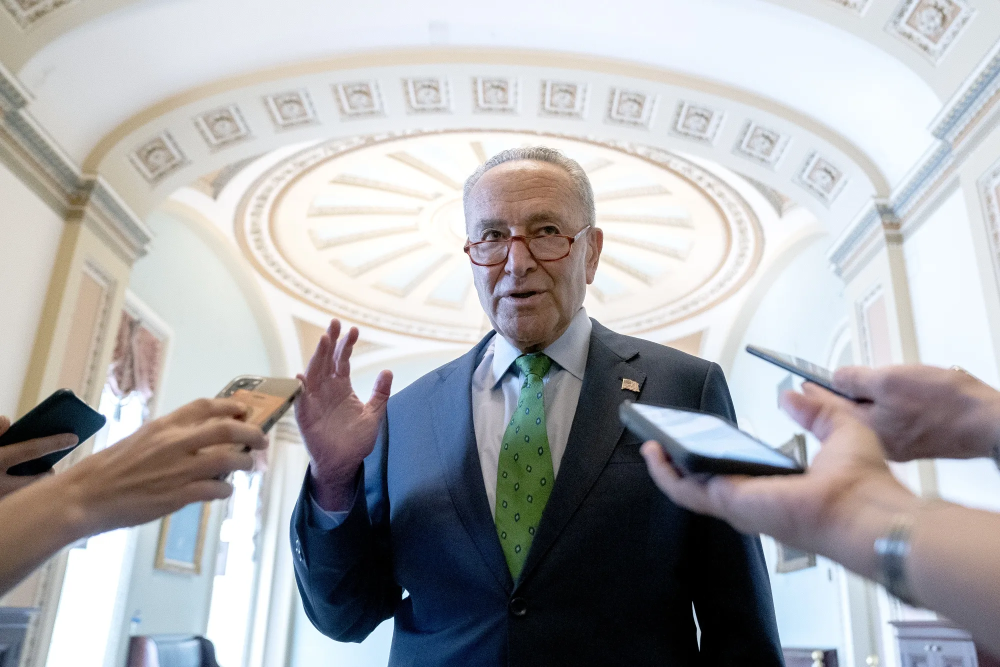 Chuck Schumer speaks to members of the media at the U.S. Capitol on Oct. 4,.