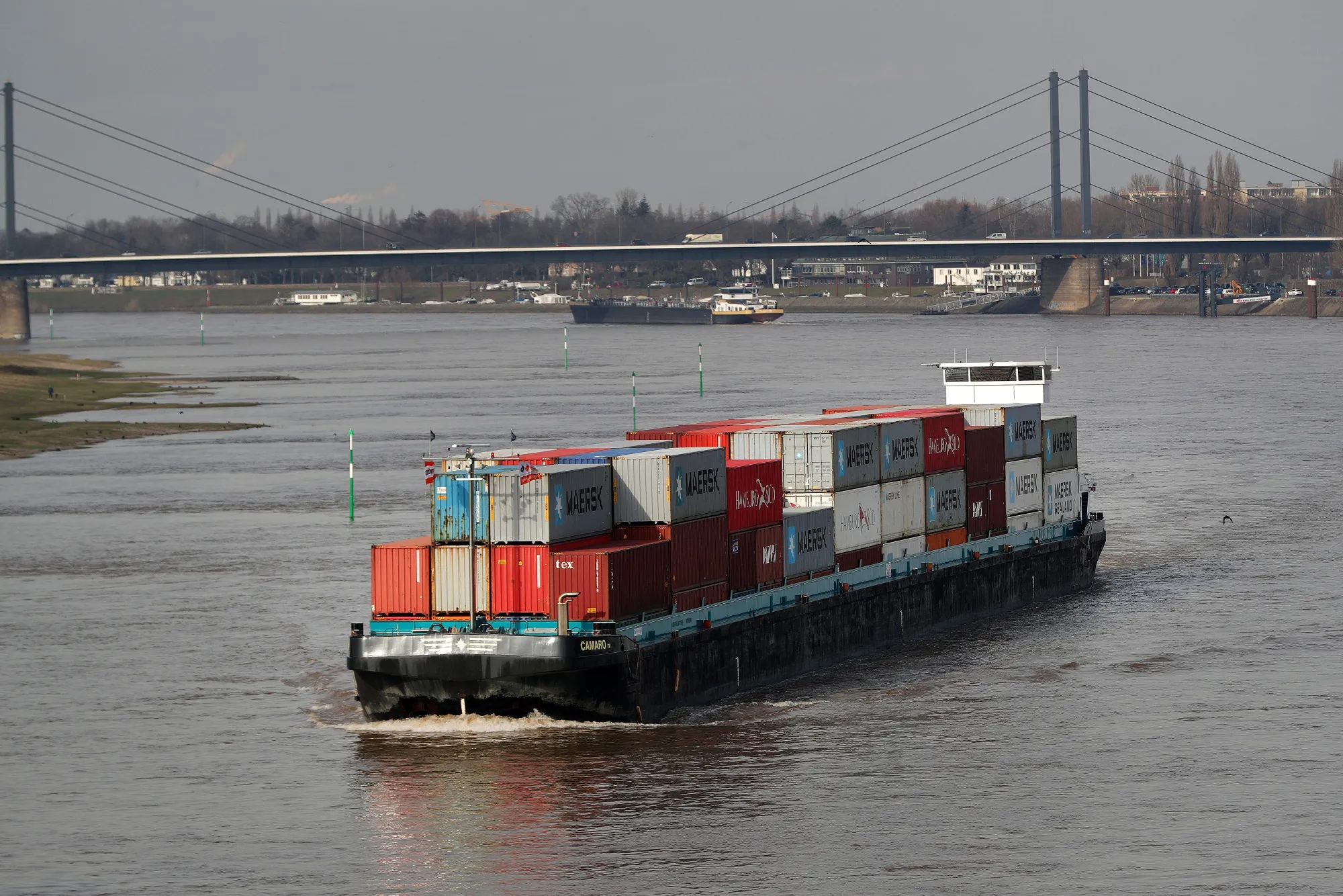 A barge sailing on the Rhine in Duesseldorf, Germany.