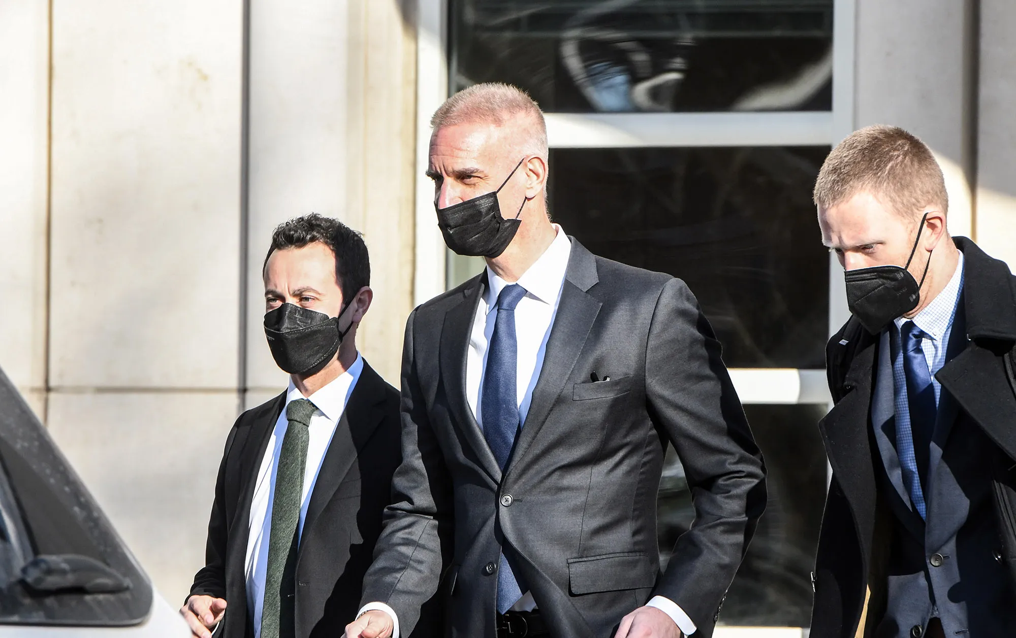 Tim Leissner, center, departs from federal court in Brooklyn, New York, on Feb. 15.