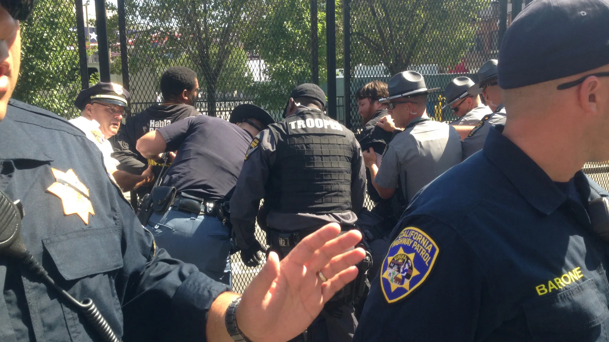 Police arrest protesters outside the Republican National Convention in Cleveland, Ohio, on July 20, 2016.
