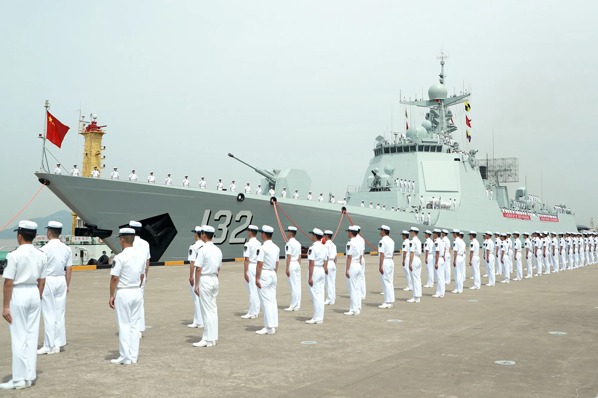 Members of the Chinese Navy on the deck of the guided-missile destroyer Suzhou at a military port&nbsp; in Zhoushan, China,&nbsp;on May 18.