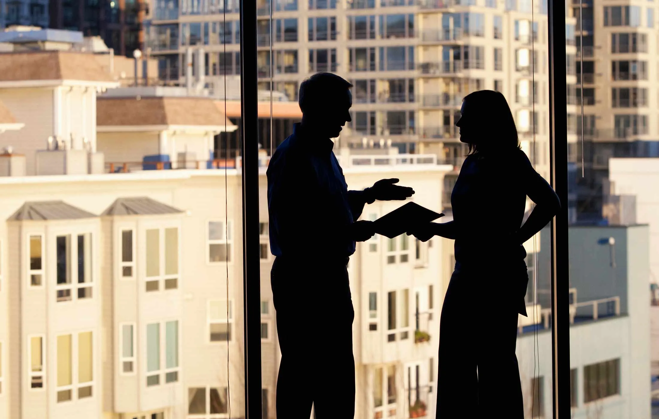Two colleagues silouetted in conversation