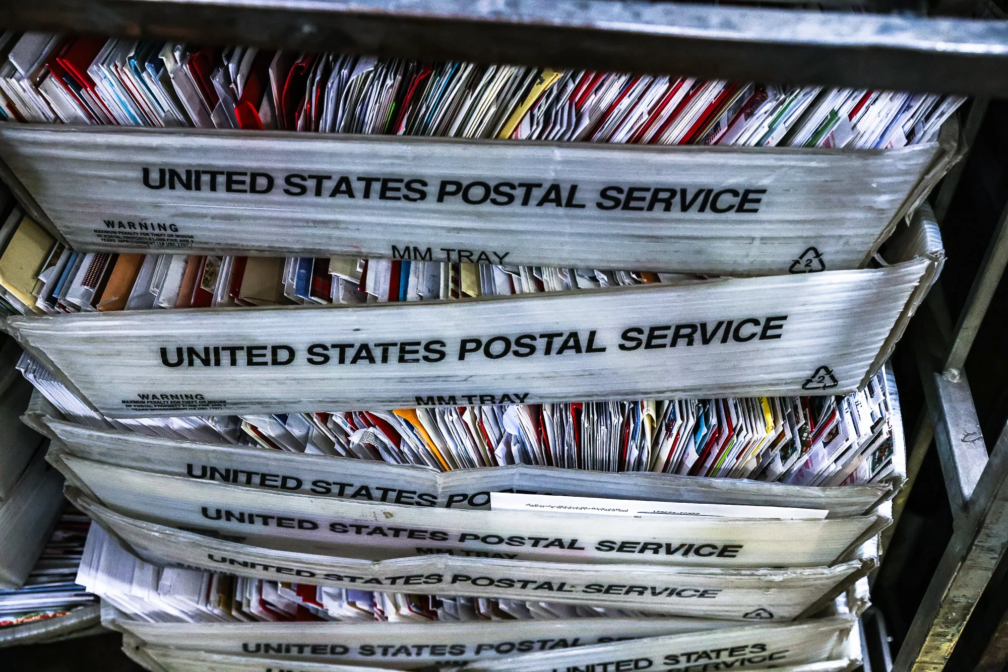 Mail at the United States Postal Service&nbsp;Dulles processing and distribution center in Dulles, Virginia.