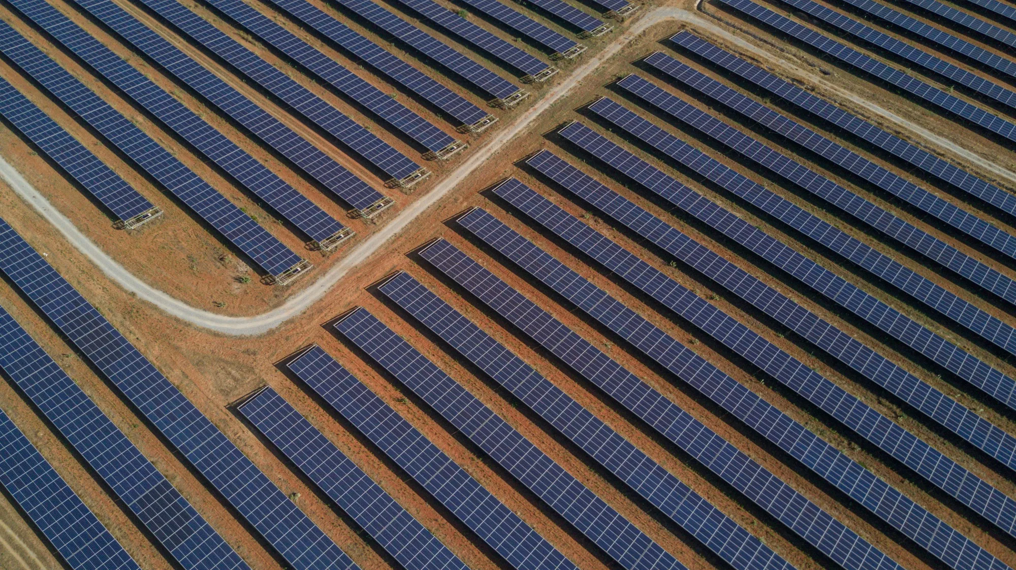 Photovoltaic panels at a solar farm in Pavagada, Karnataka, India.
