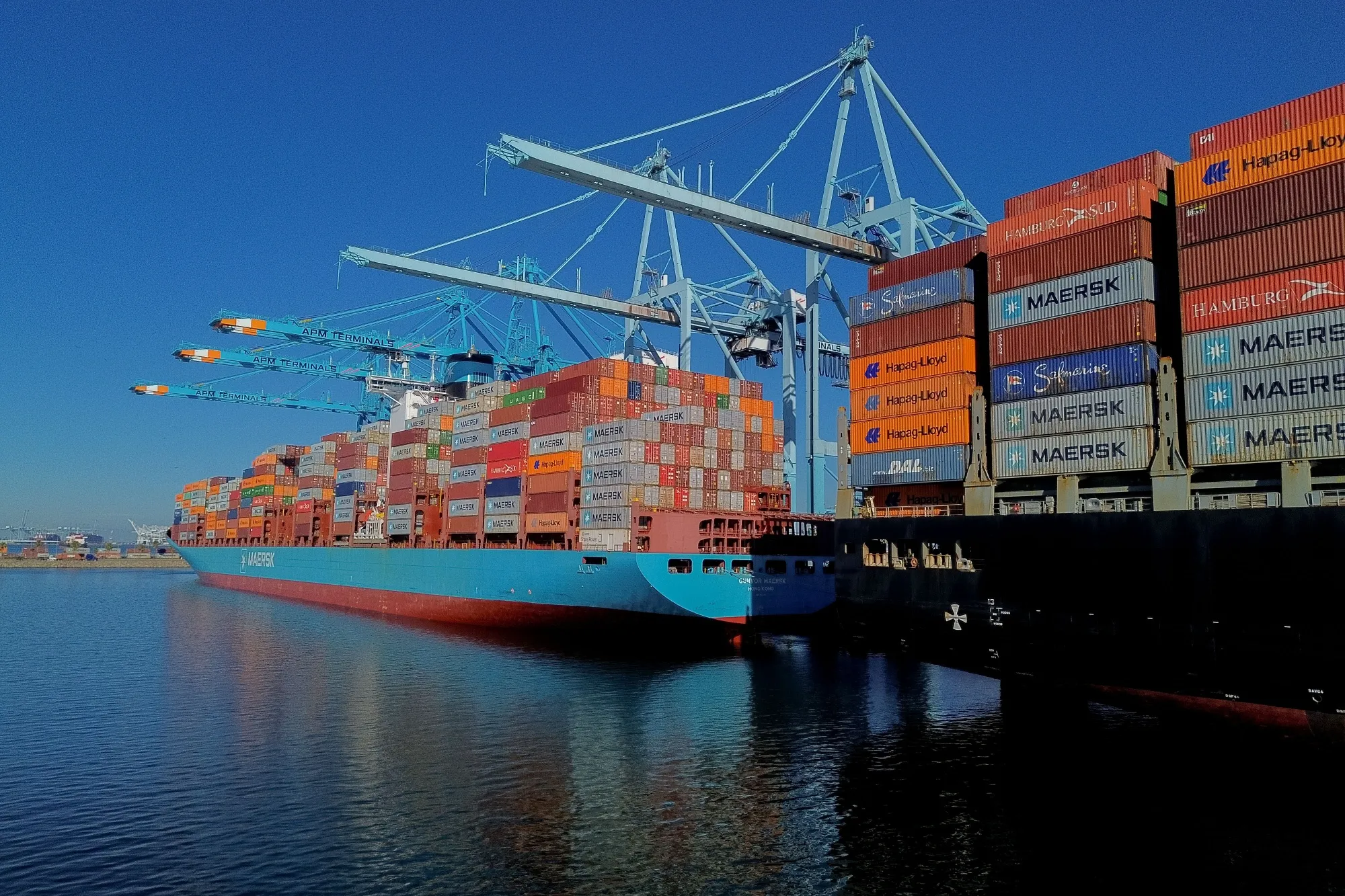 Container ships at the APM Maersk Terminal at the Port of Los Angeles.
