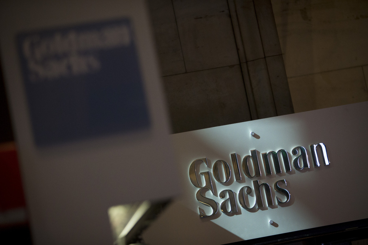 The Goldman Sachs &amp; Co. logo on the floor of the New York Stock Exchange.