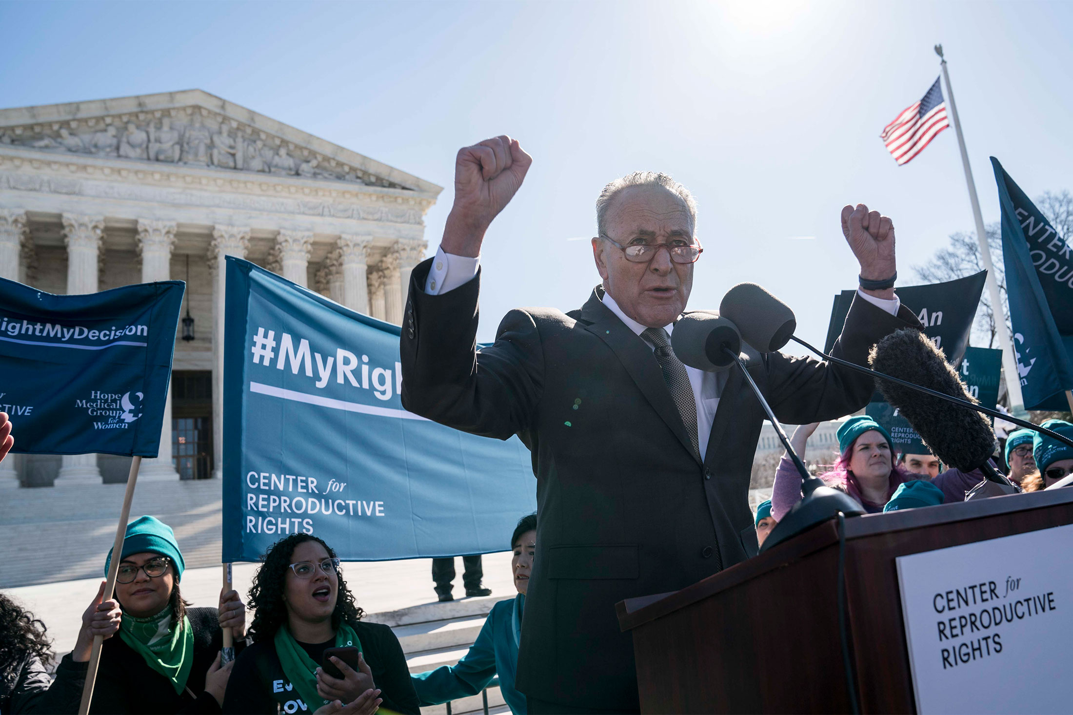 Chuck Schumer speaks in an abortion rights rally outside of the Supreme Court in Washington on March 4.