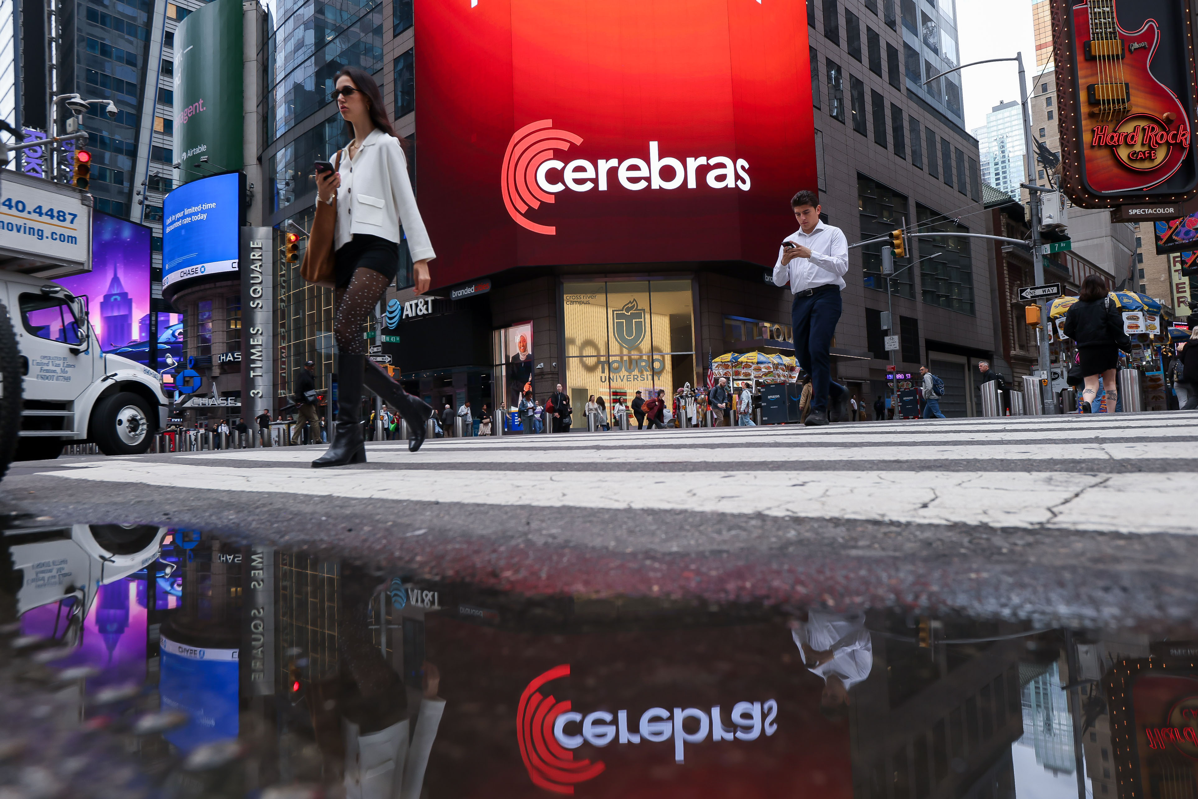 Cerebras Systems Inc. signage during the company's IPO at the Nasdaq MarketSite in New York on May 14.