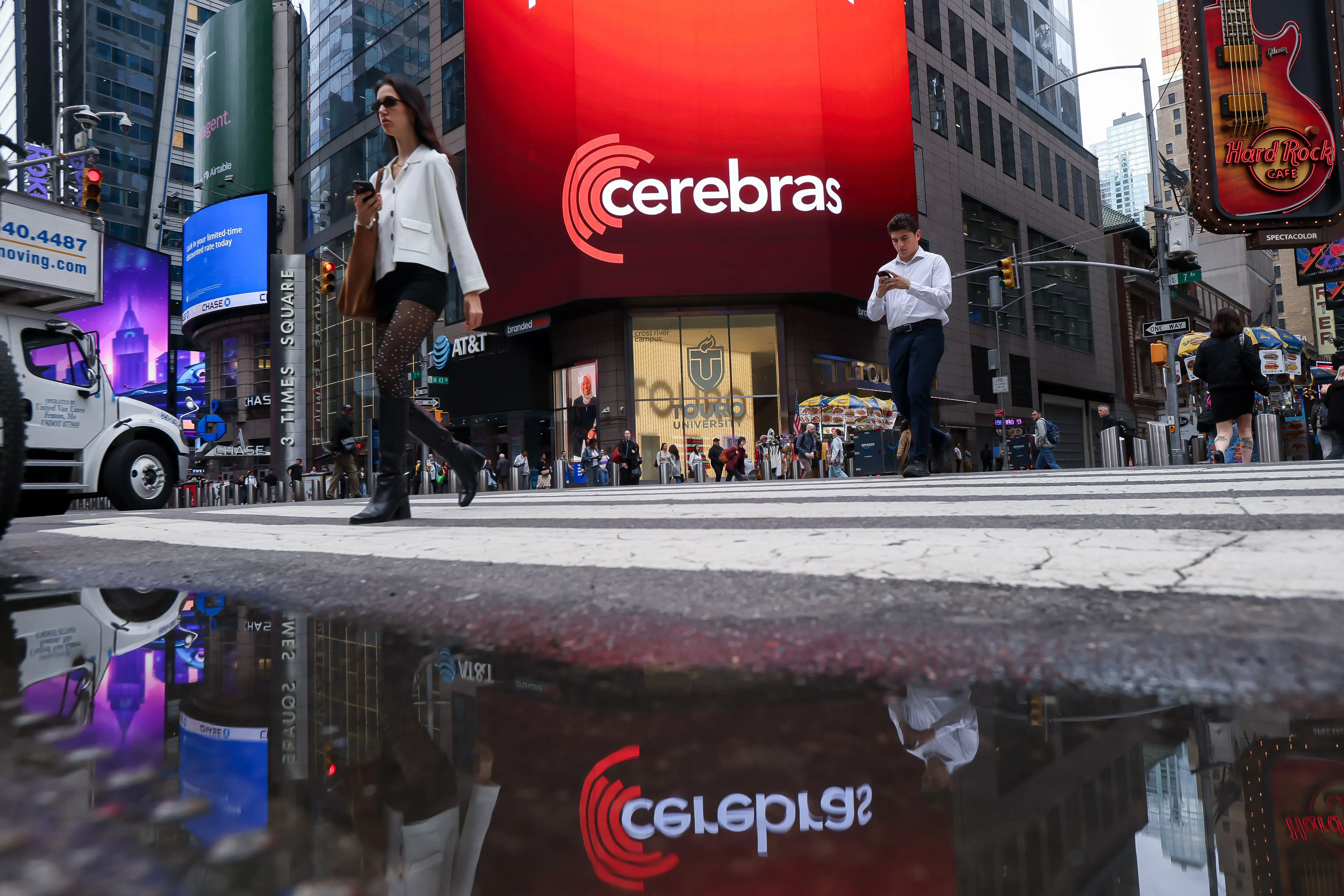 Cerebras Systems Inc. signage during the company's IPO at the Nasdaq MarketSite in New York on May 14.