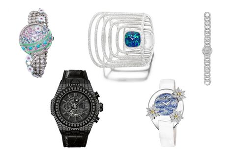 From left: Fabergé Summer in Provence, Hublot Big Bang Unico "10 Years" Haute Joaillerie, Piaget Extremely Piaget Double Sided Cuff Watch, Champs Elysées Rive Blanche Nymphéas, Chaumet Joséphine Aigrette Impériale