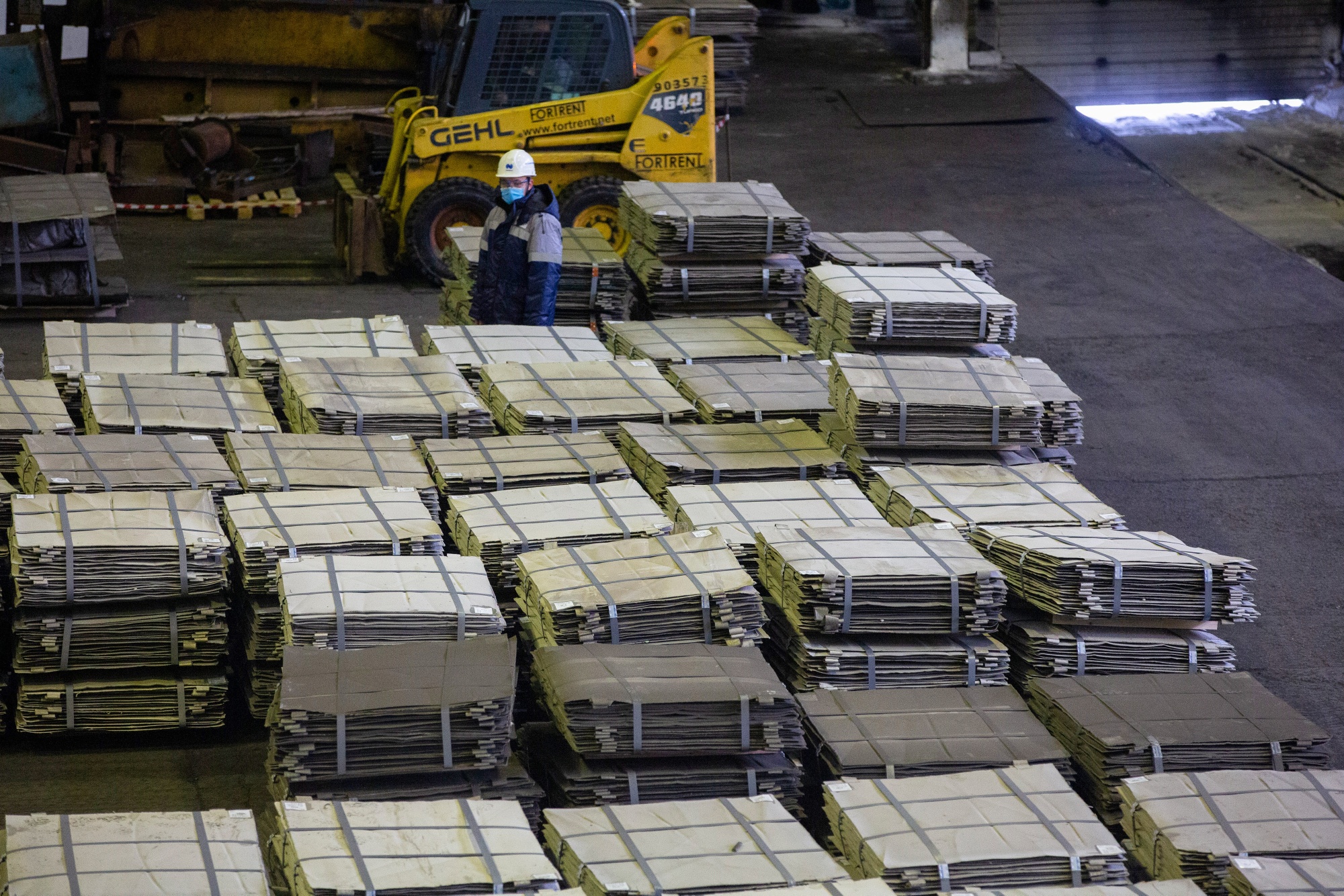 Stacks of newly-made nickel cathode sheets&nbsp;in Monchegorsk, Russia.