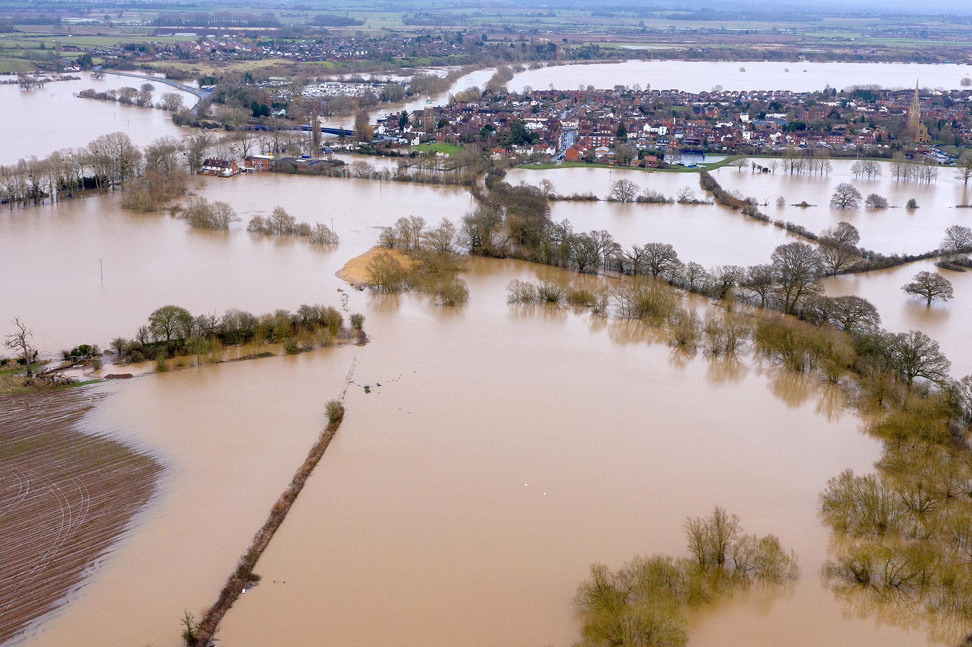 Flooding in Upton upon Seven, UK, in 2020.