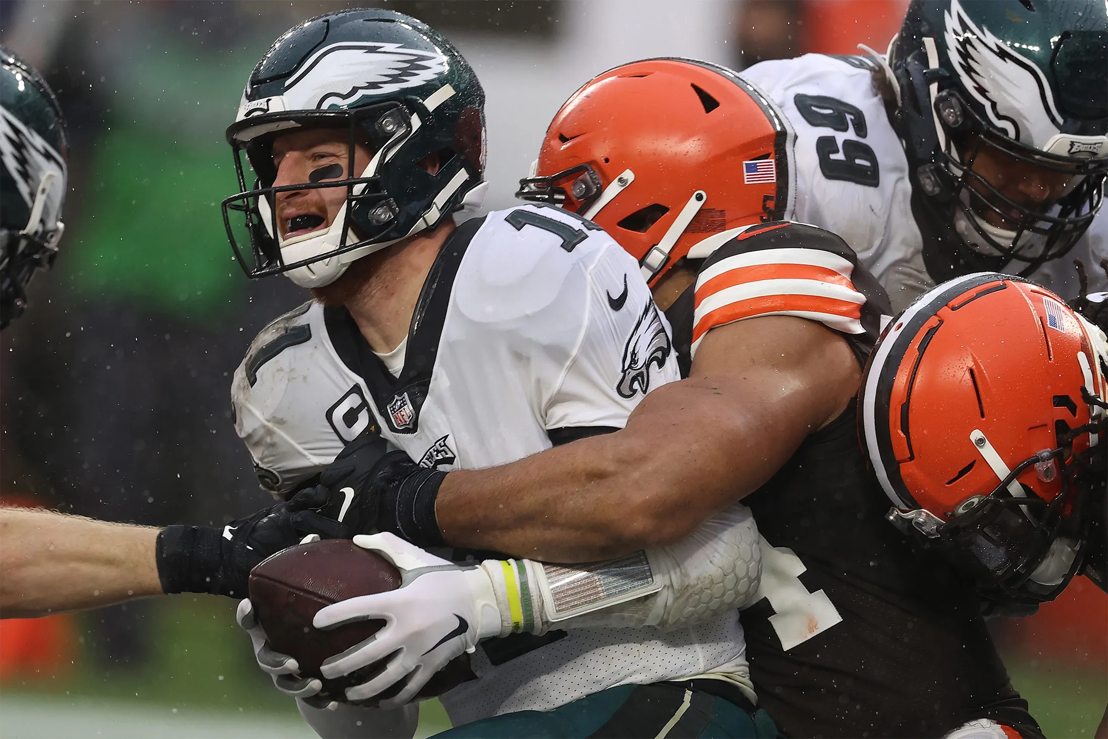 Olivier Vernon of the Cleveland Browns sacks Carson Wentz of the Philadelphia Eagles during a game in Cleveland, Ohio, on Nov. 22.