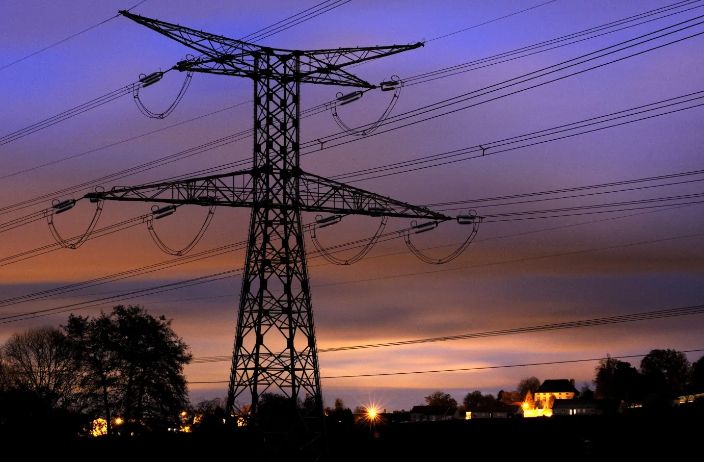 Electricity pylons in Hayes, France.